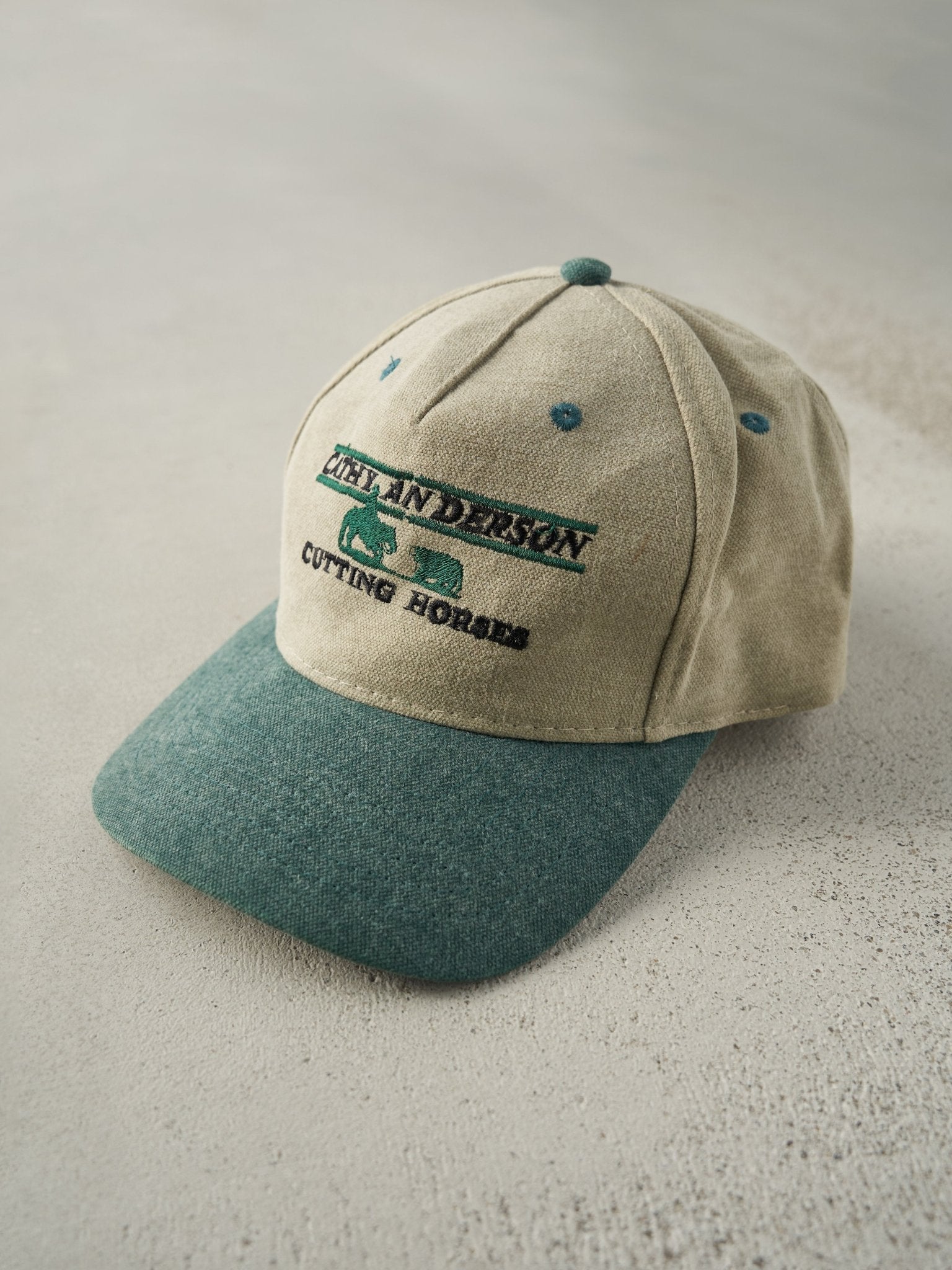 Vintage 90s Beige & Green Embroidered Cathy Anderson Strapback Hat