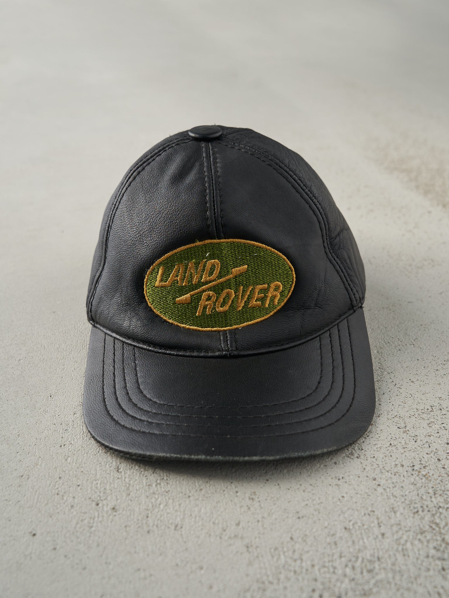 Vintage 90s Black Embroidered Land Rover Leather Velcro Back Hat