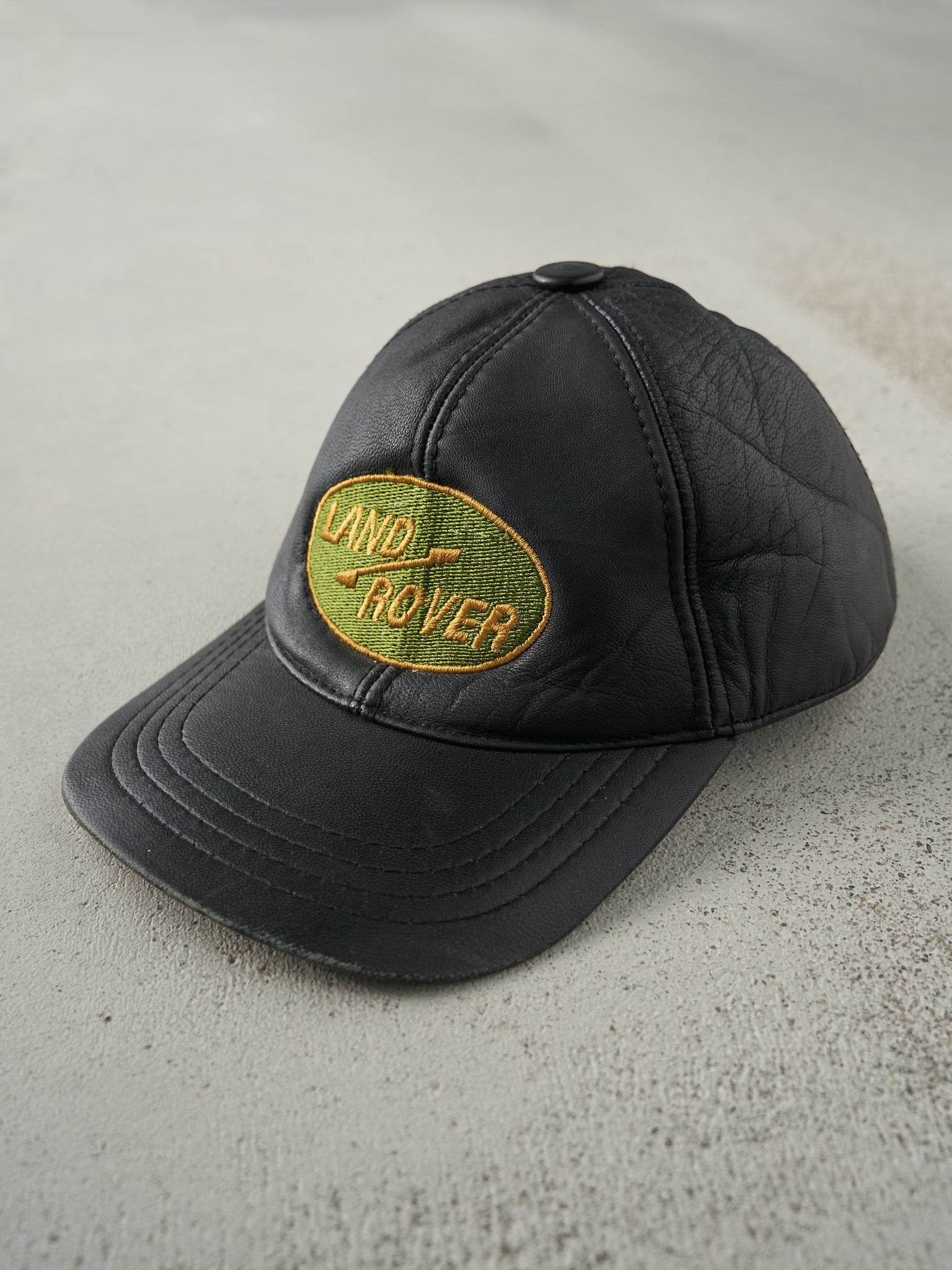 Vintage 90s Black Embroidered Land Rover Leather Velcro Back Hat