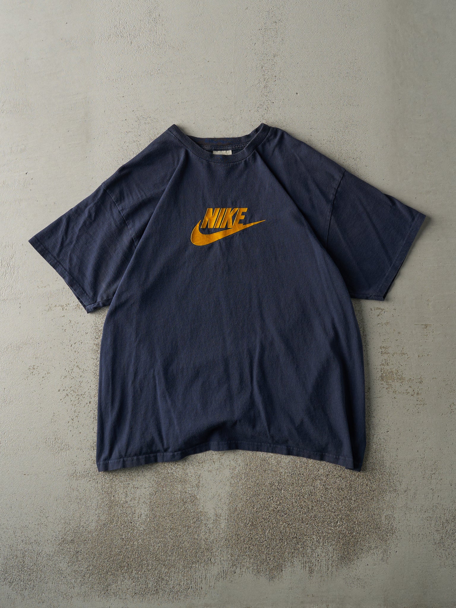 Vintage Y2K Navy Blue Felt Nike Logo Tee (M)