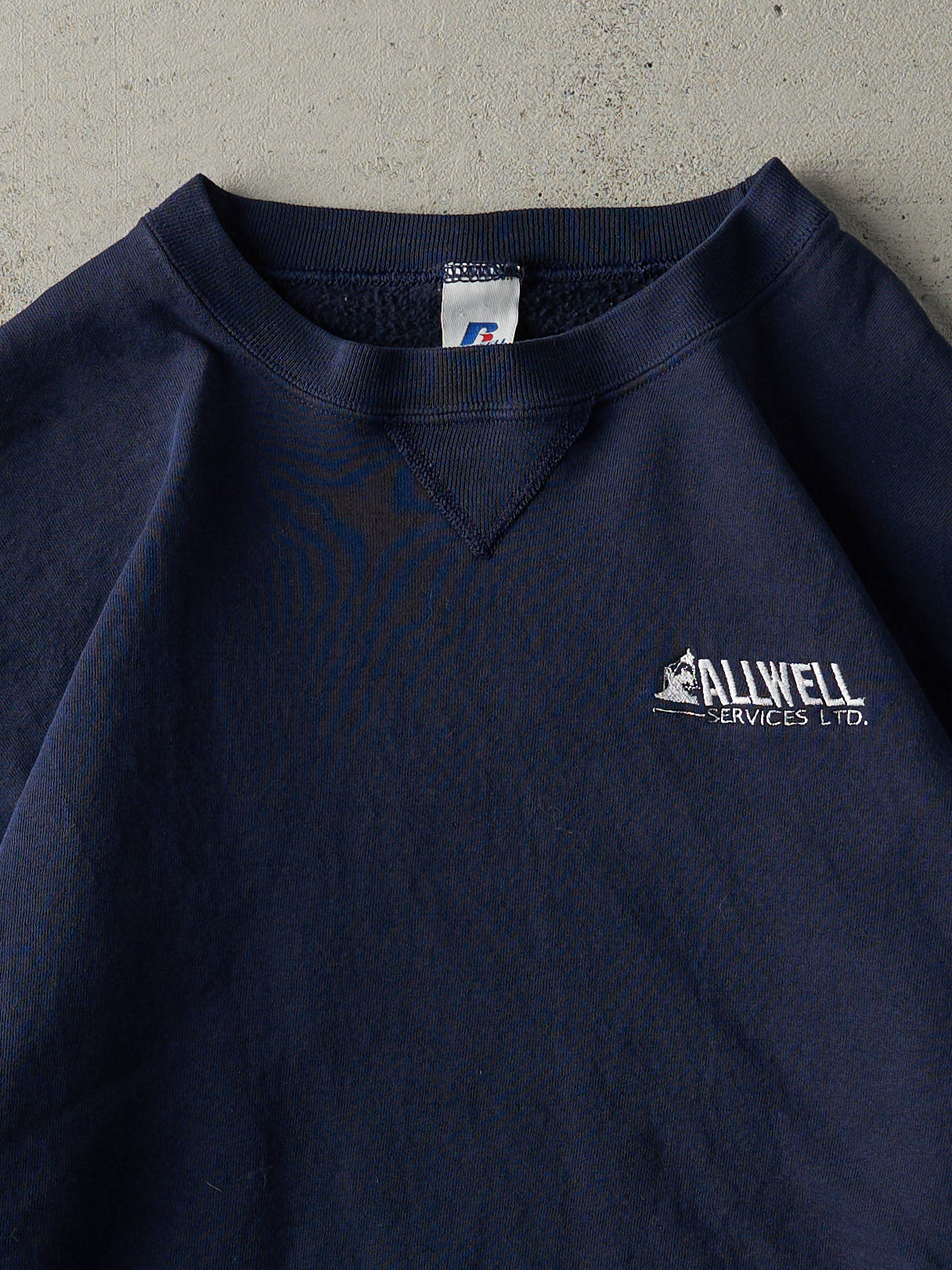 Vintage 90s Navy Blue Embroidered Logo Russell Athletic Crewneck (L)