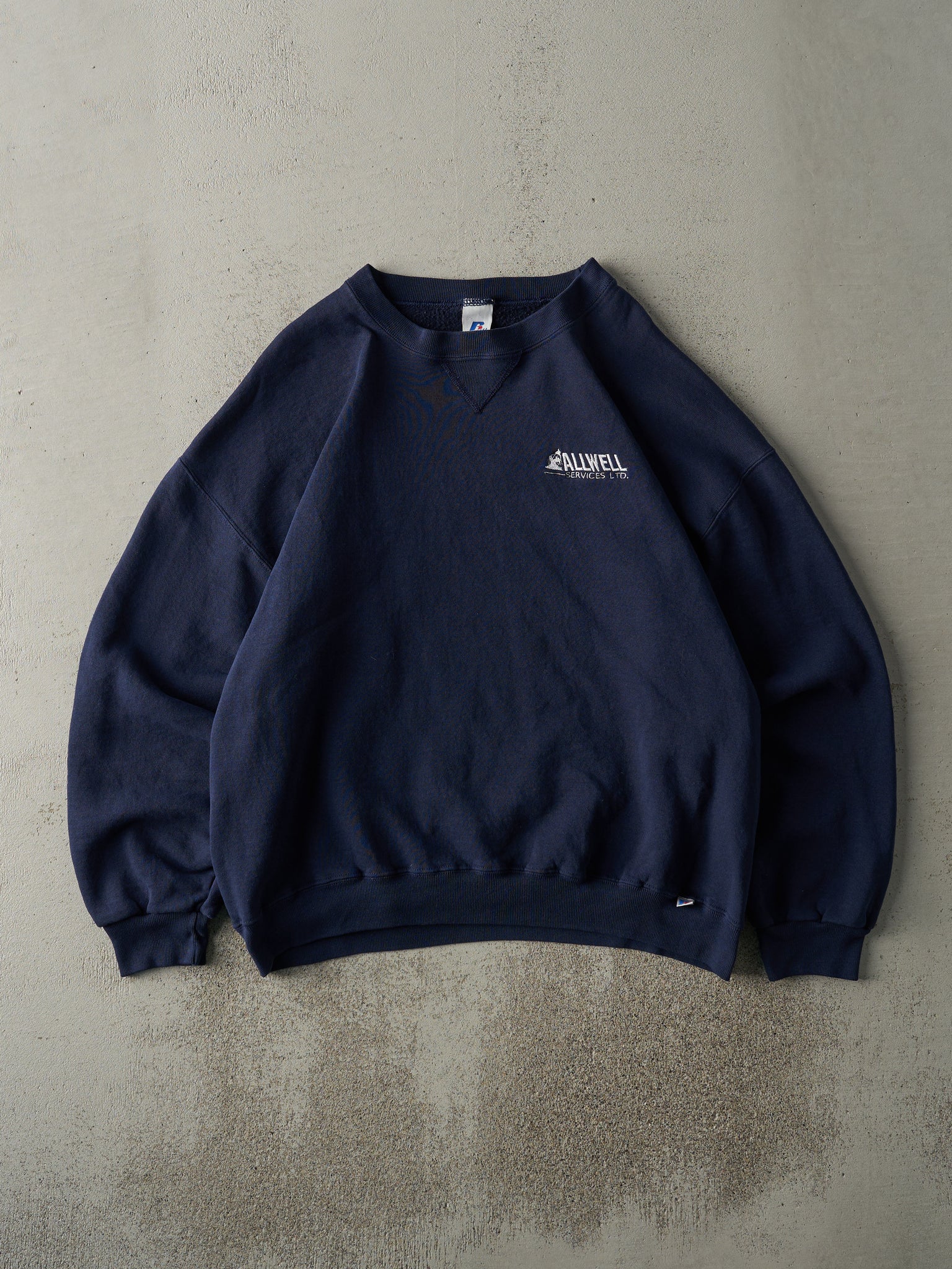 Vintage 90s Navy Blue Embroidered Logo Russell Athletic Crewneck (L)