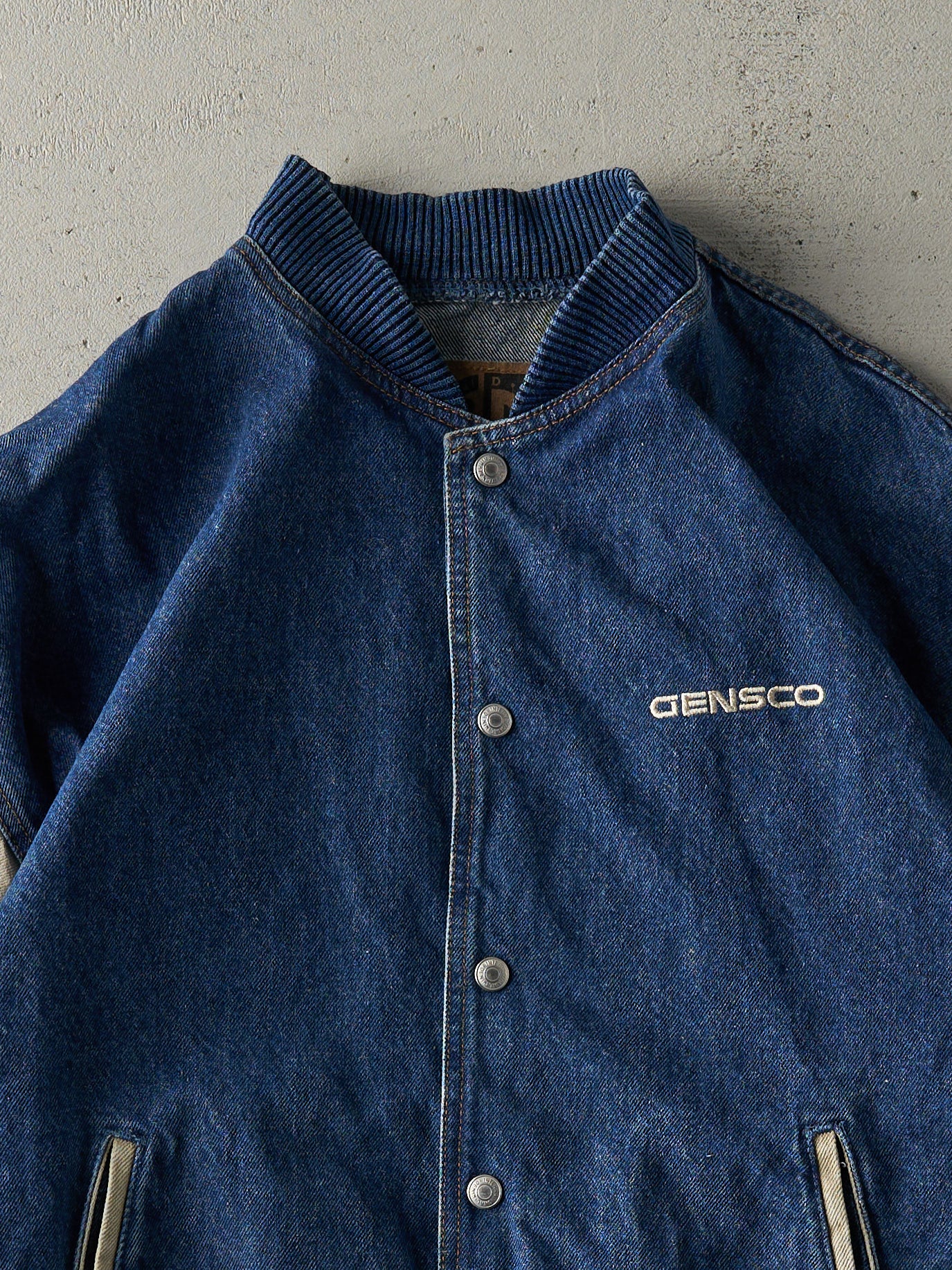 Vintage 90s Dark Wash & Beige Embroidered Denim Bomber Jacket (L)