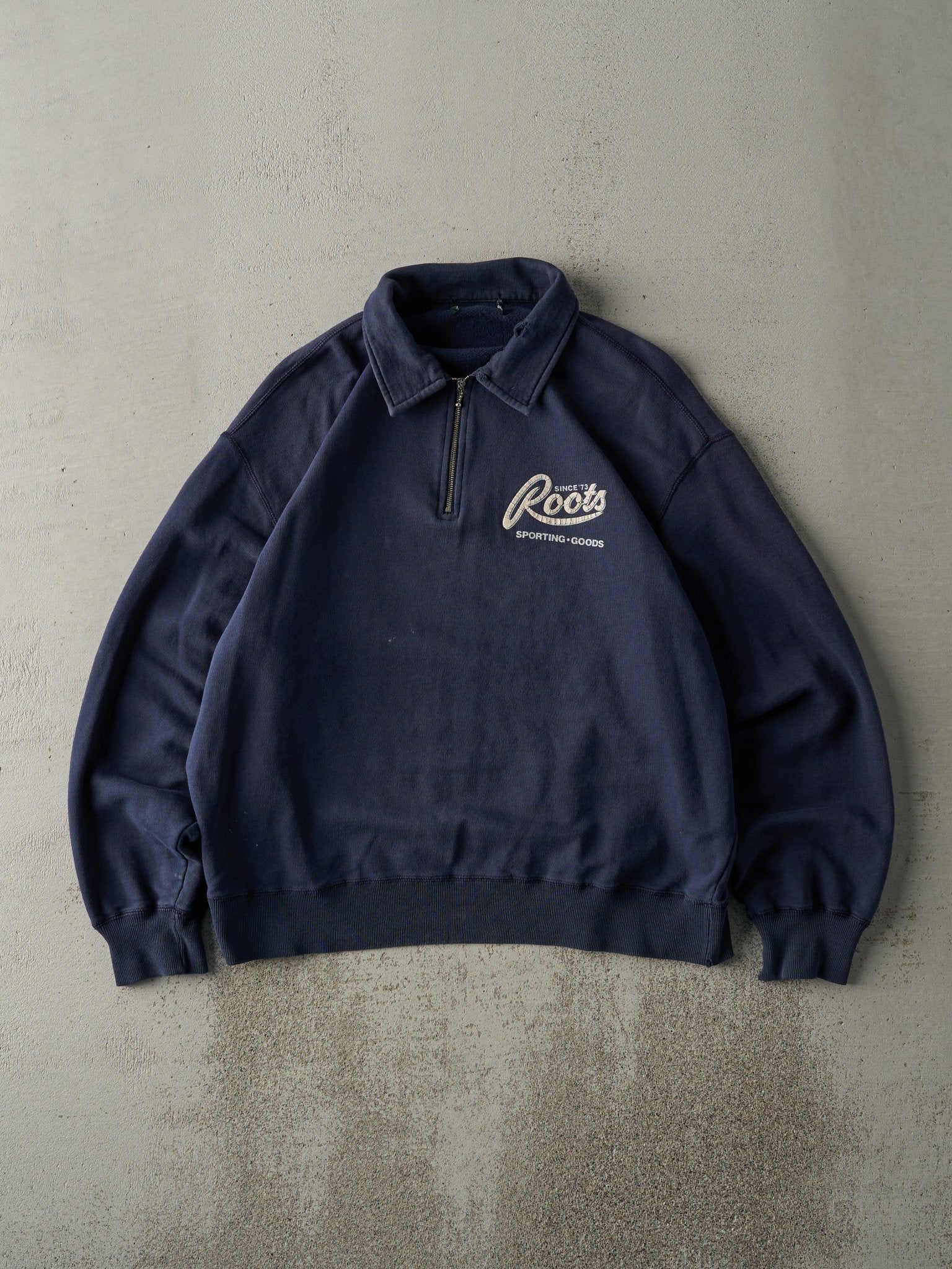 Vintage 90s Navy Blue Roots Athletic Quarter Zip Boxy Sweatshirt (L)