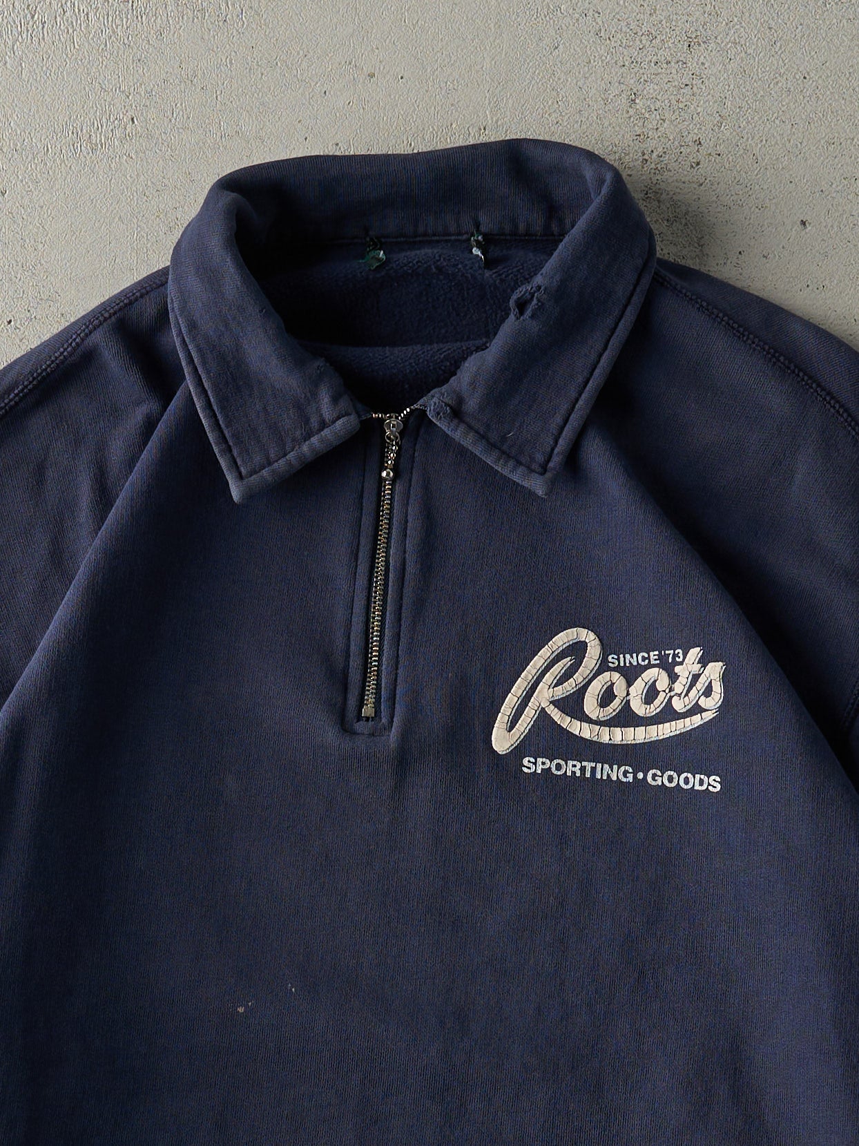 Vintage 90s Navy Blue Roots Athletic Quarter Zip Boxy Sweatshirt (L)