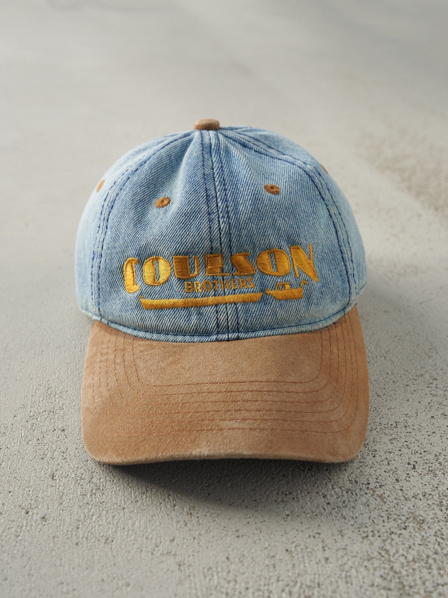 Vintage 90s Light Wash Denim & Suede Embroidered Strapback Hat
