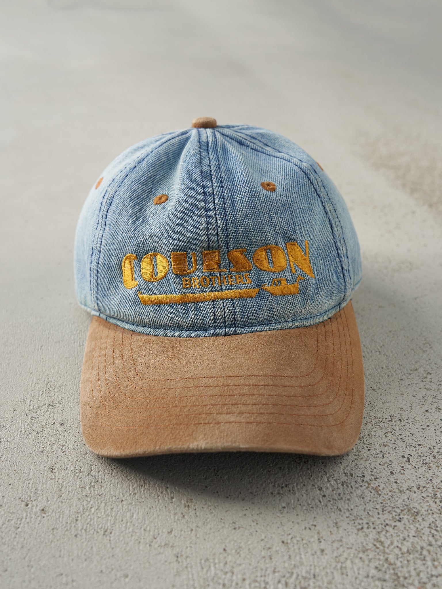 Vintage 90s Light Wash Denim & Suede Embroidered Strap Back Hat