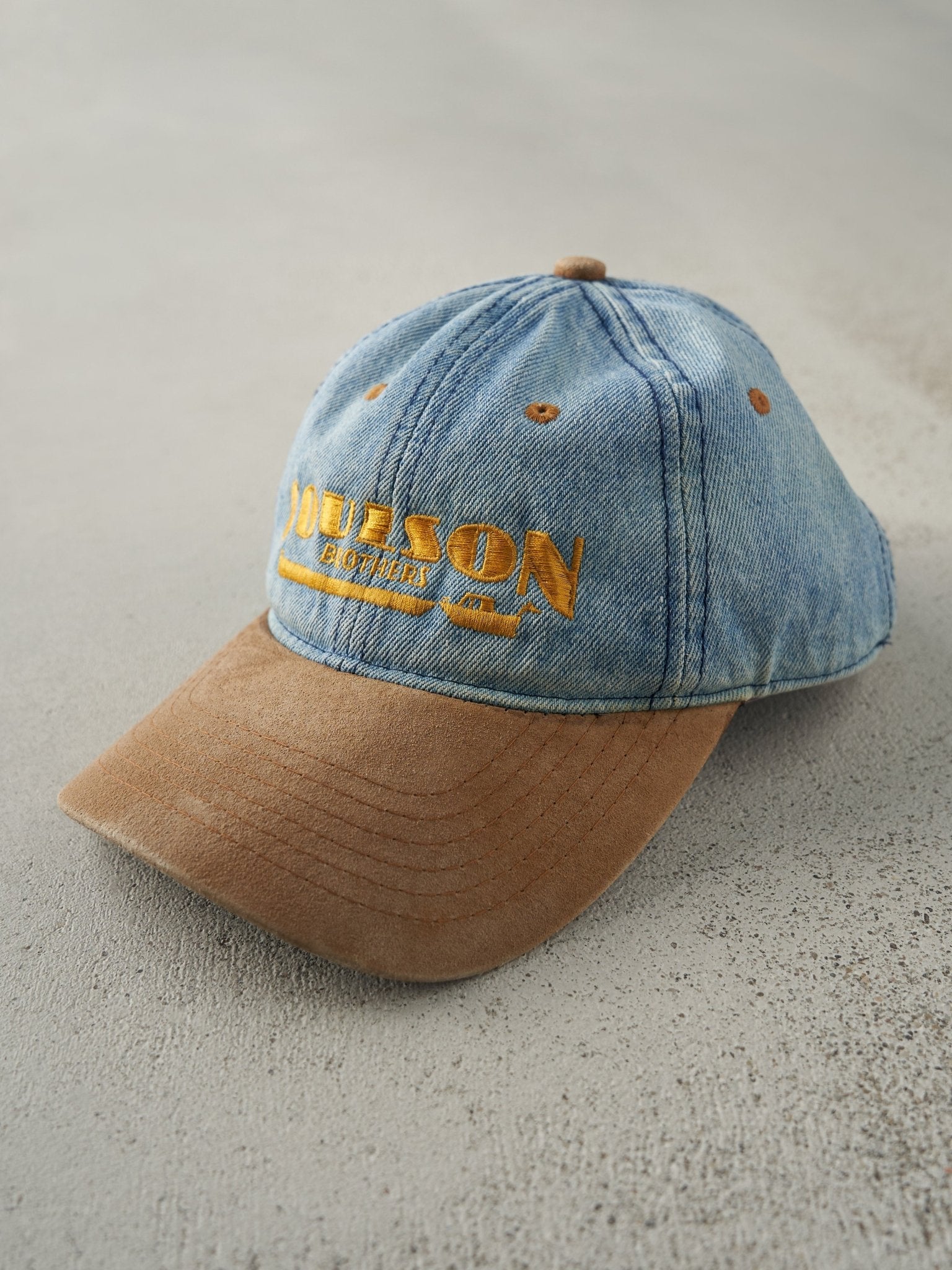 Vintage 90s Light Wash Denim & Suede Embroidered Strapback Hat