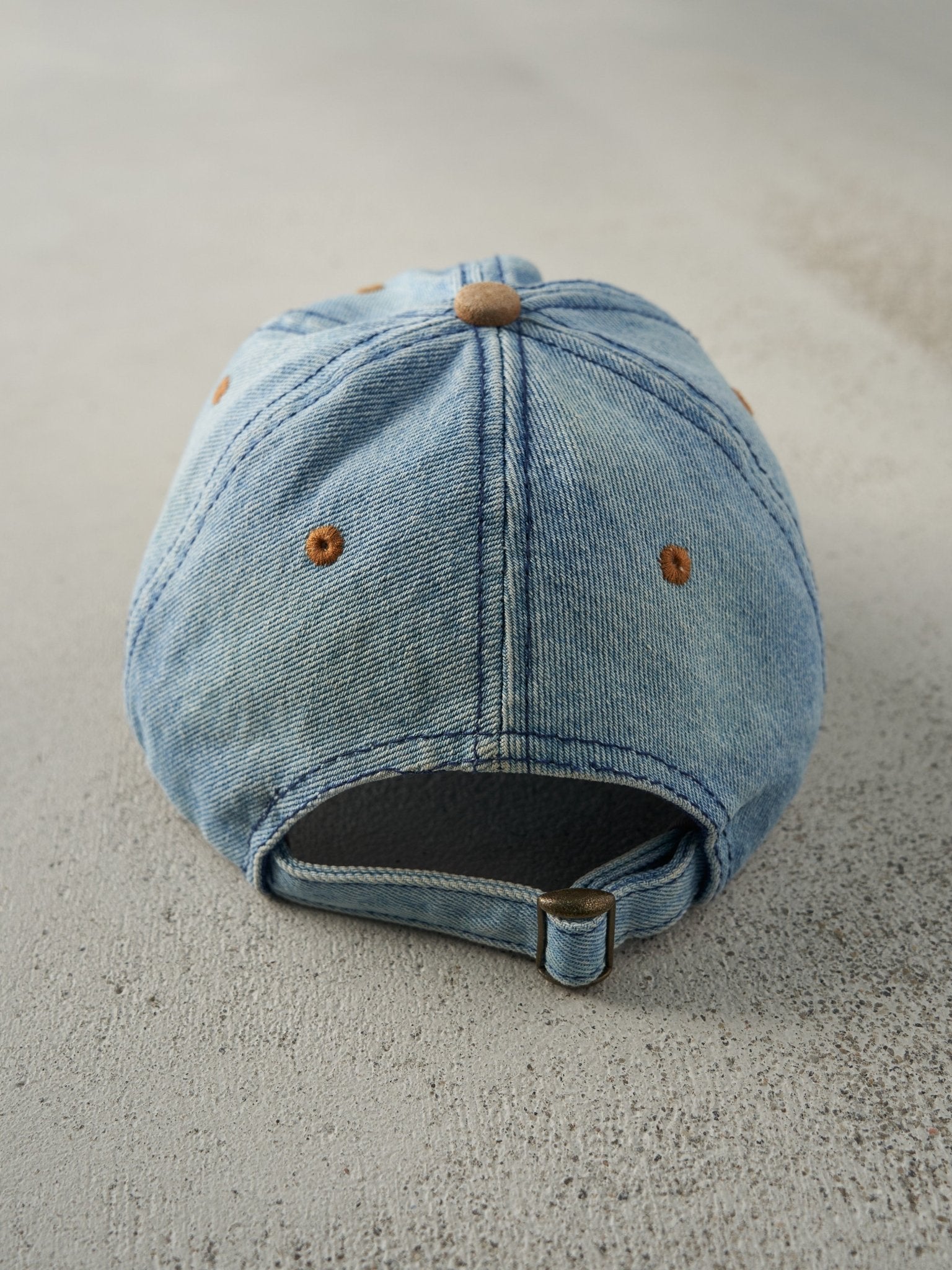 Vintage 90s Light Wash Denim & Suede Embroidered Strapback Hat