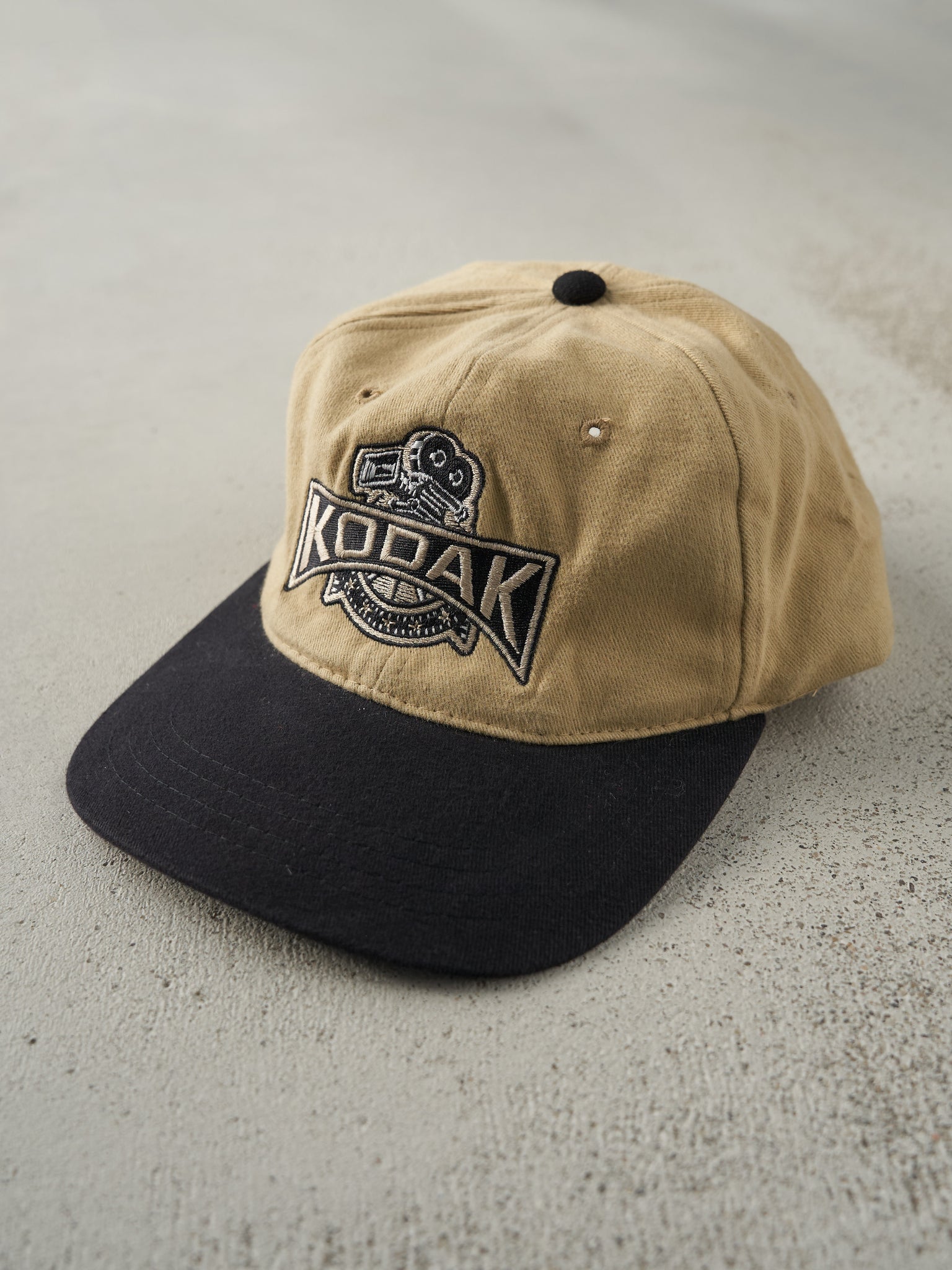 Vintage 90s Beige & Black Embroidered Kodak Strap Back Hat