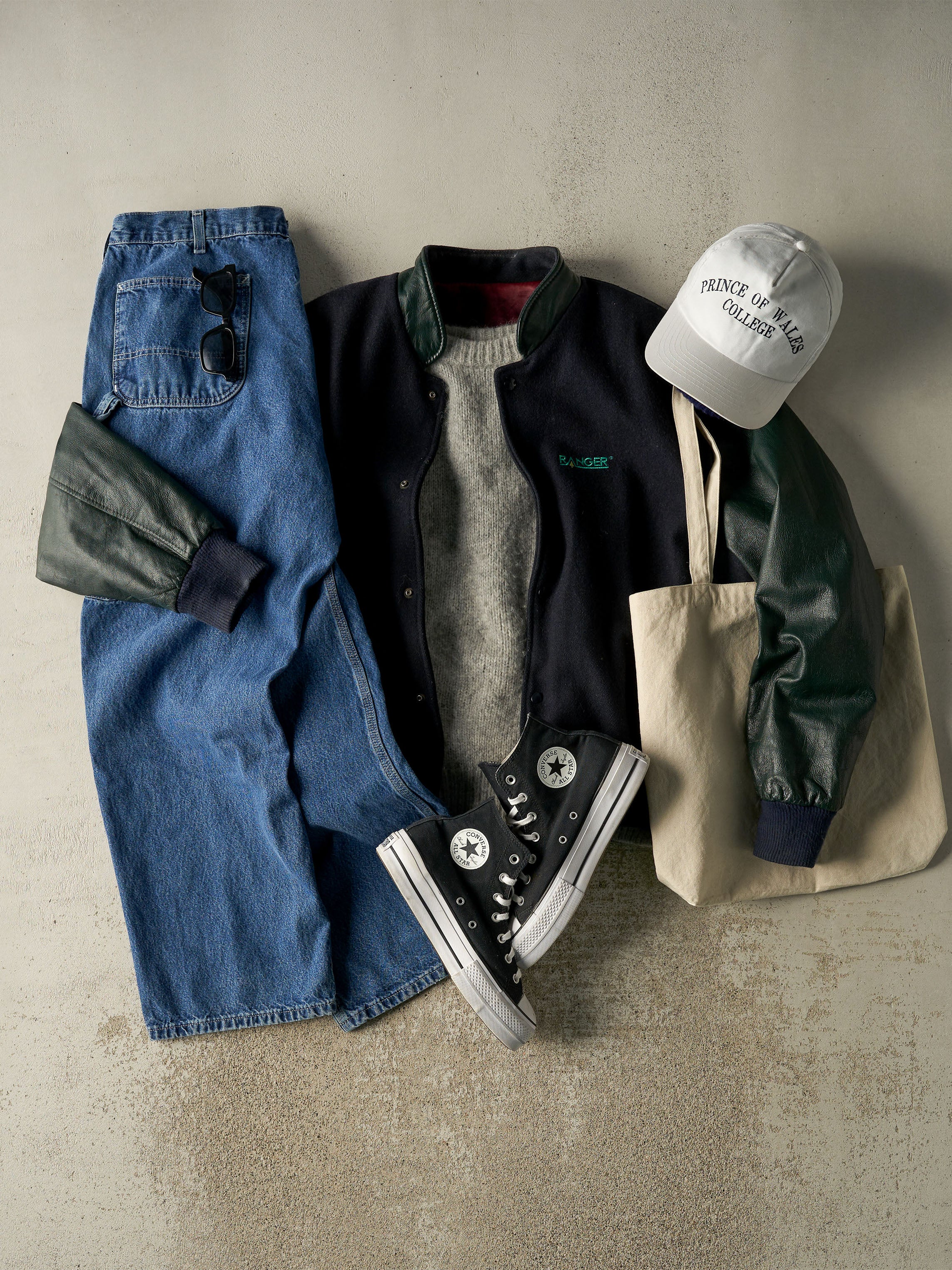 Vintage 90s Navy Blue & Green Varsity Jacket (XL)