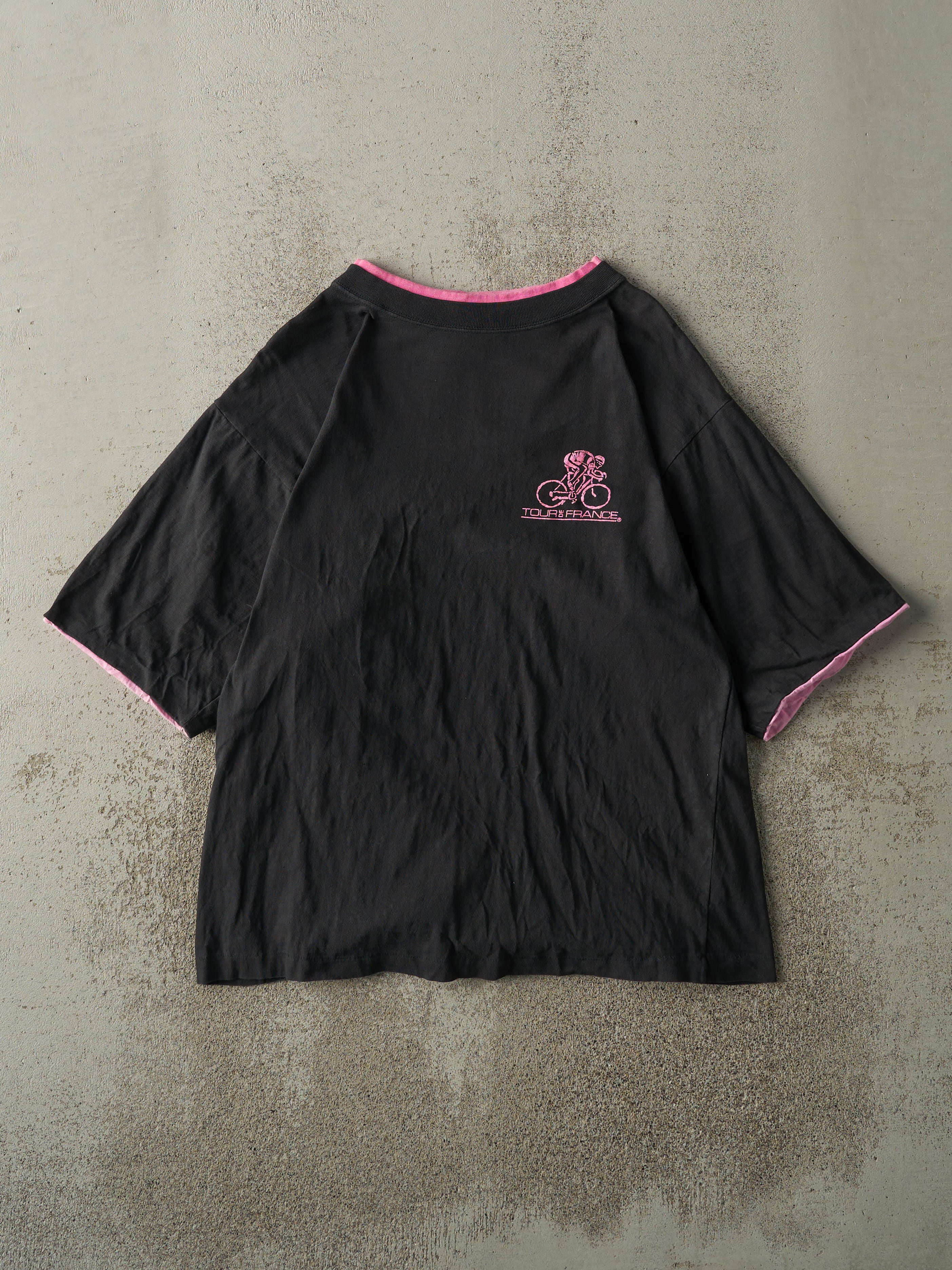 Vintage 90s Black & Pink Double Neck Tour De France Tee (M)