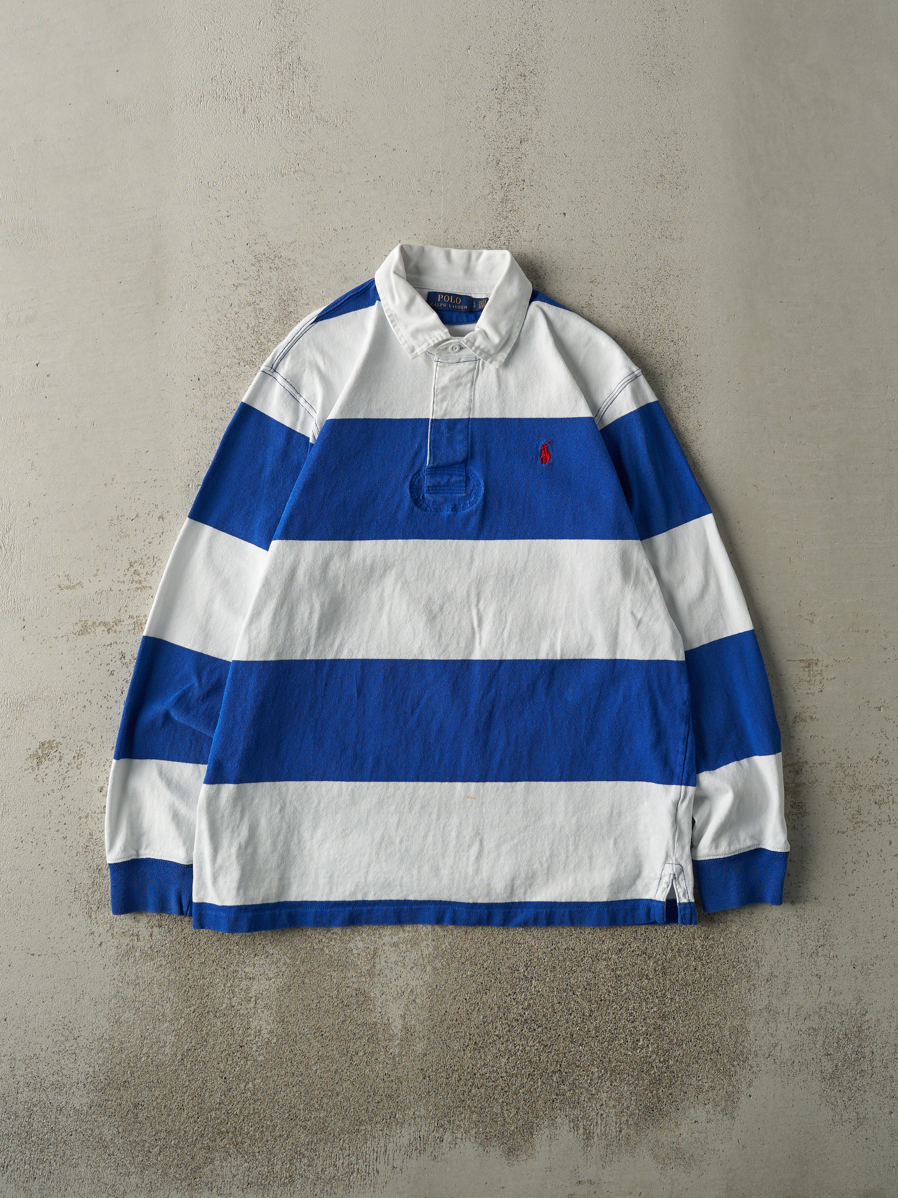 Vintage Y2K White & Blue Polo Quarter Button Rugby Shirt (M/L)