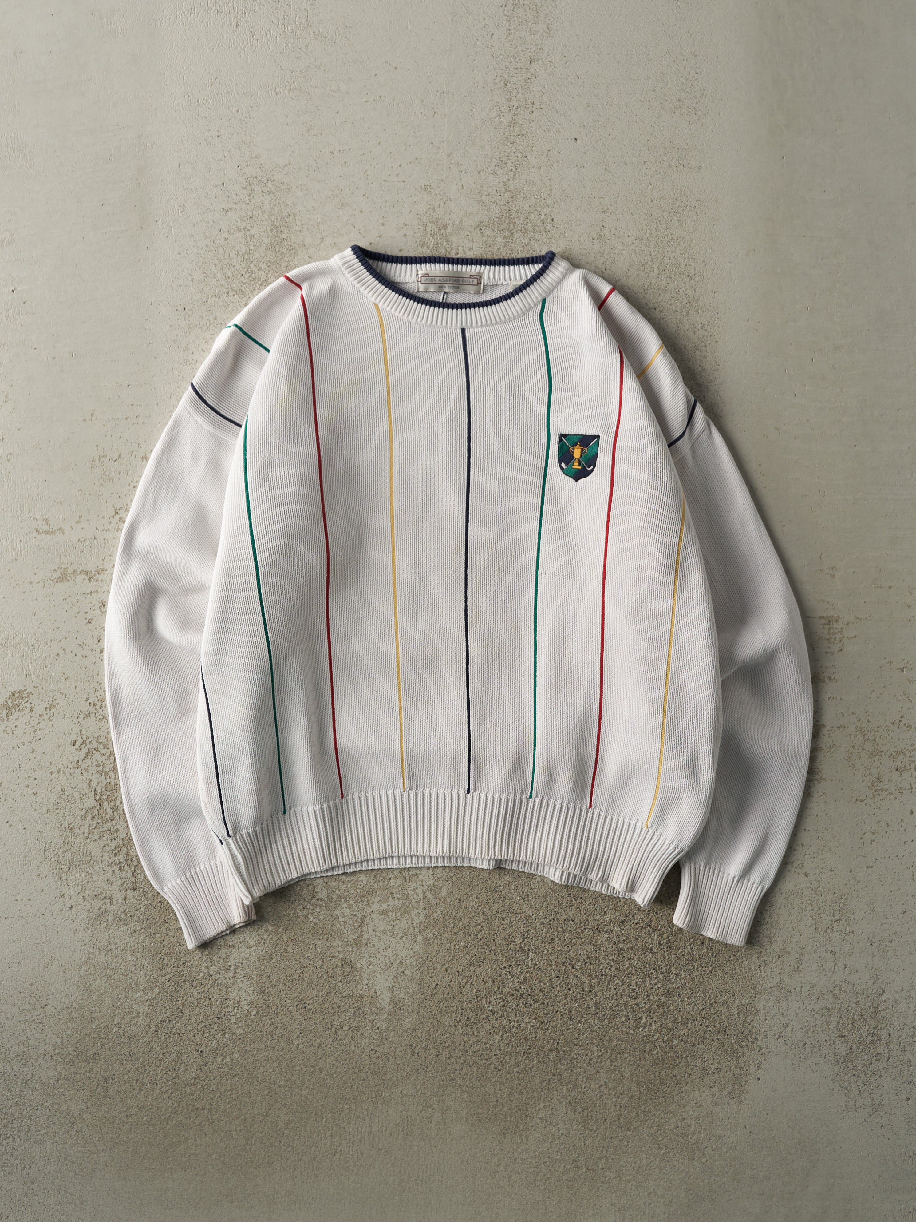 Vintage 90s White Striped Knit Boxy Pullover (XL)