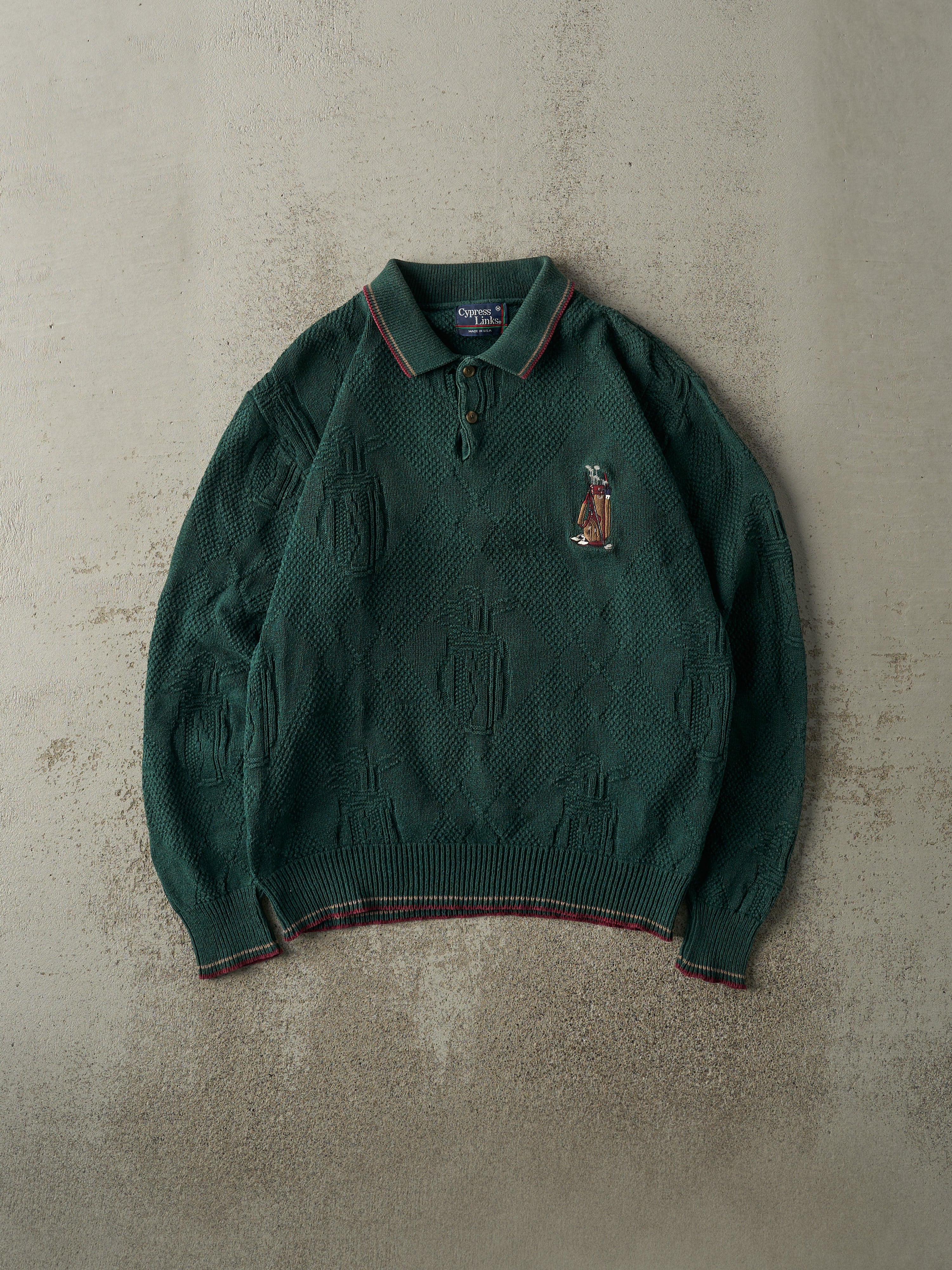 Vintage 90s Green Embroidered Golf Quarter Button Knit (M)