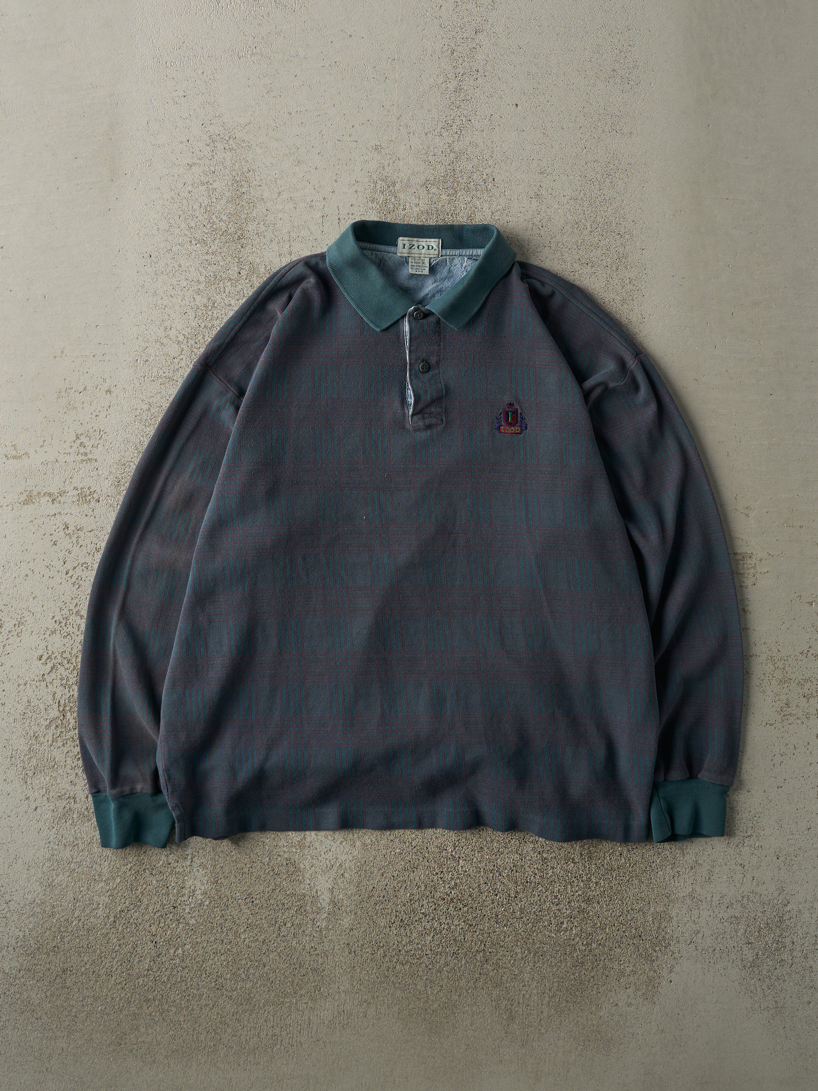 Vintage 90s Green Plaid Izod Quarter Button Long Sleeve (XL)