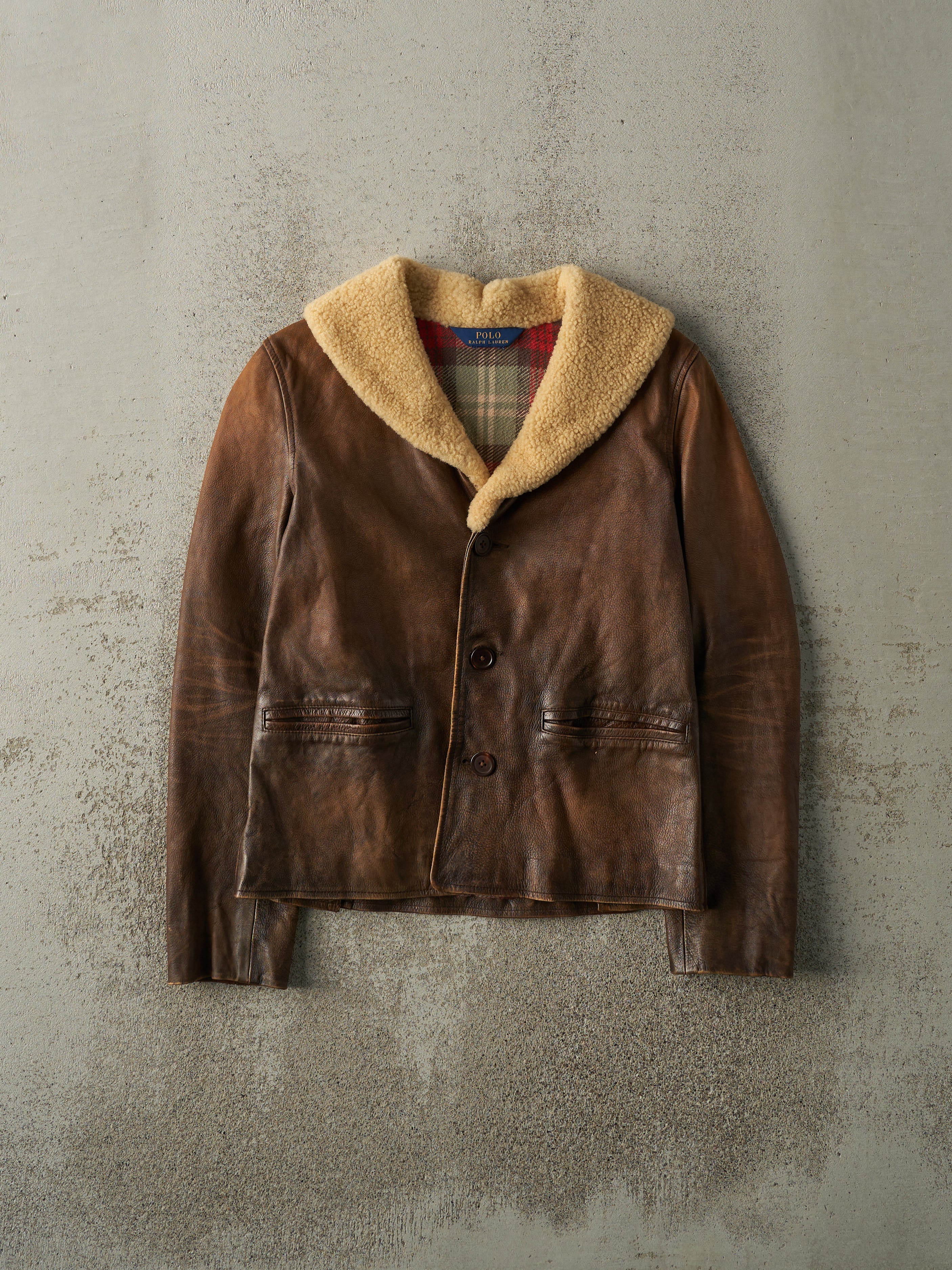 Vintage Y2K Brown Shearling Collared Leather Jacket (XXS)