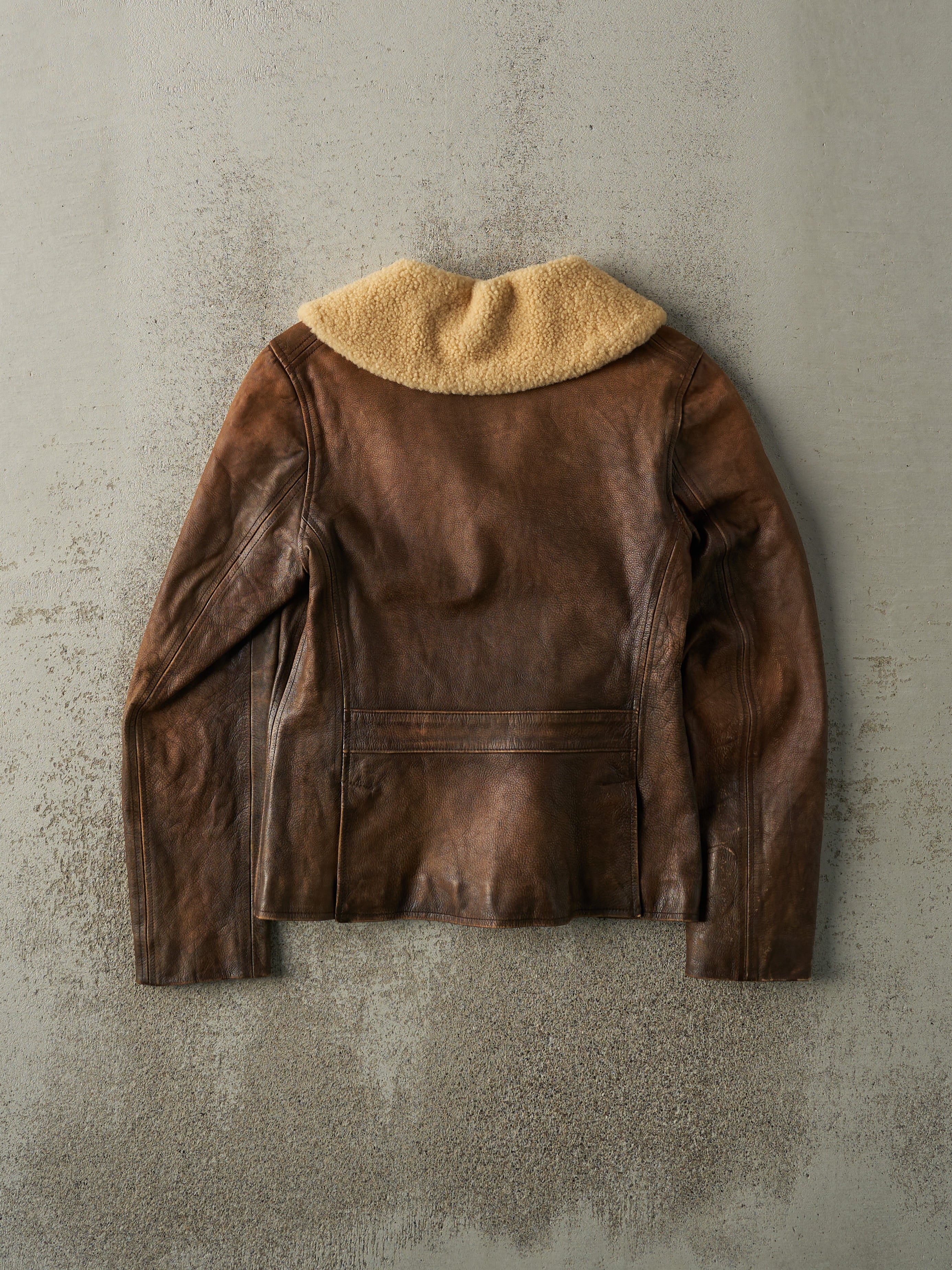 Vintage Y2K Brown Shearling Collared Leather Jacket (XXS)