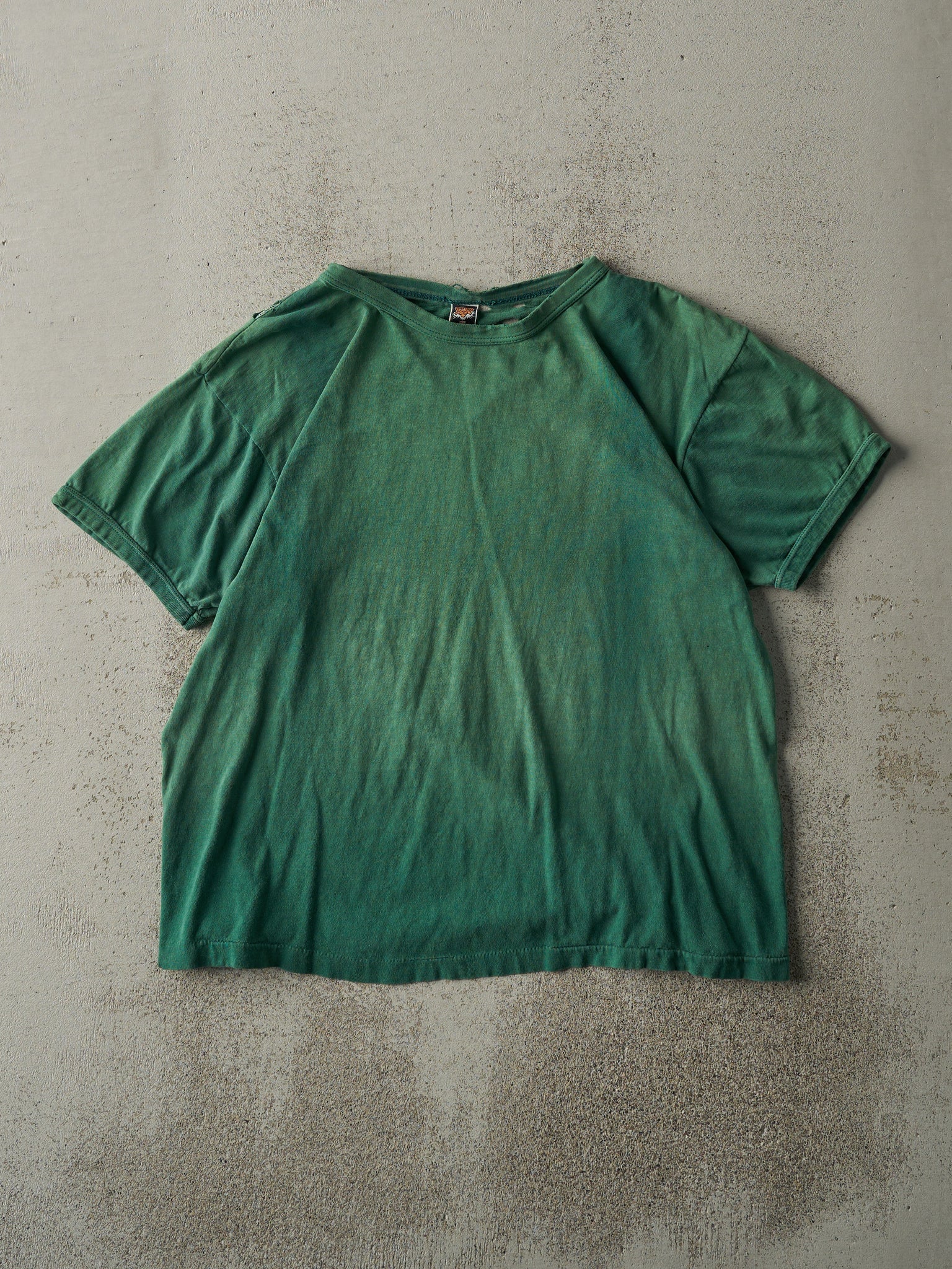 Vintage 80s Sun Faded Green Blank Ringer Tee (M)