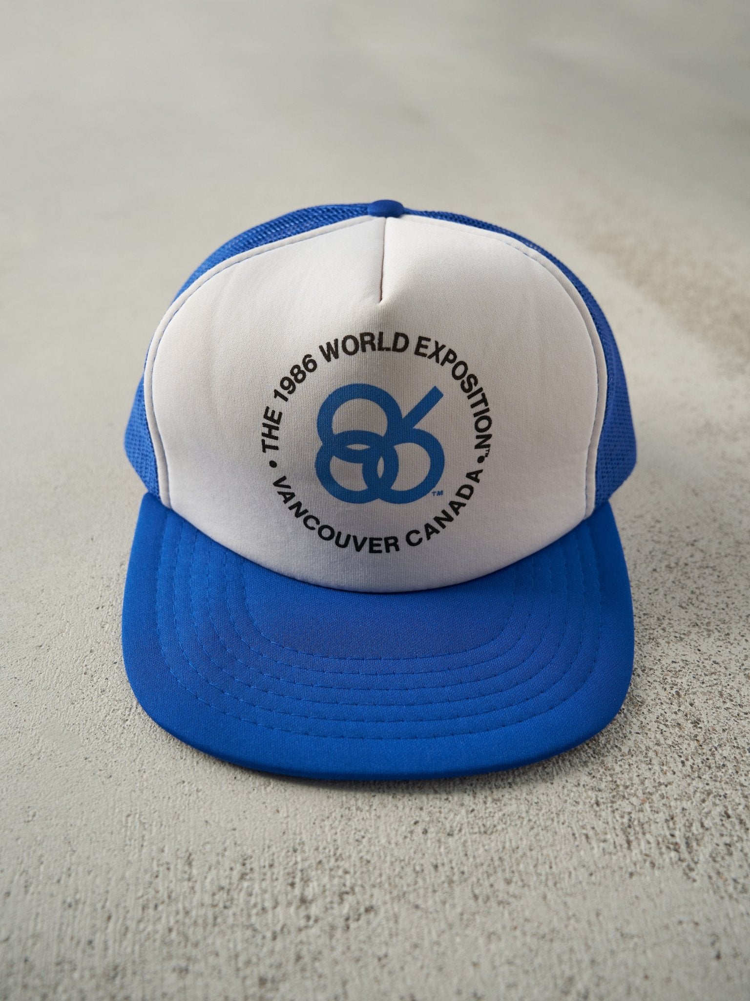 Vintage 90s Blue & White The 1986 World Exposition Vancouver Canada Foam Trucker Hat