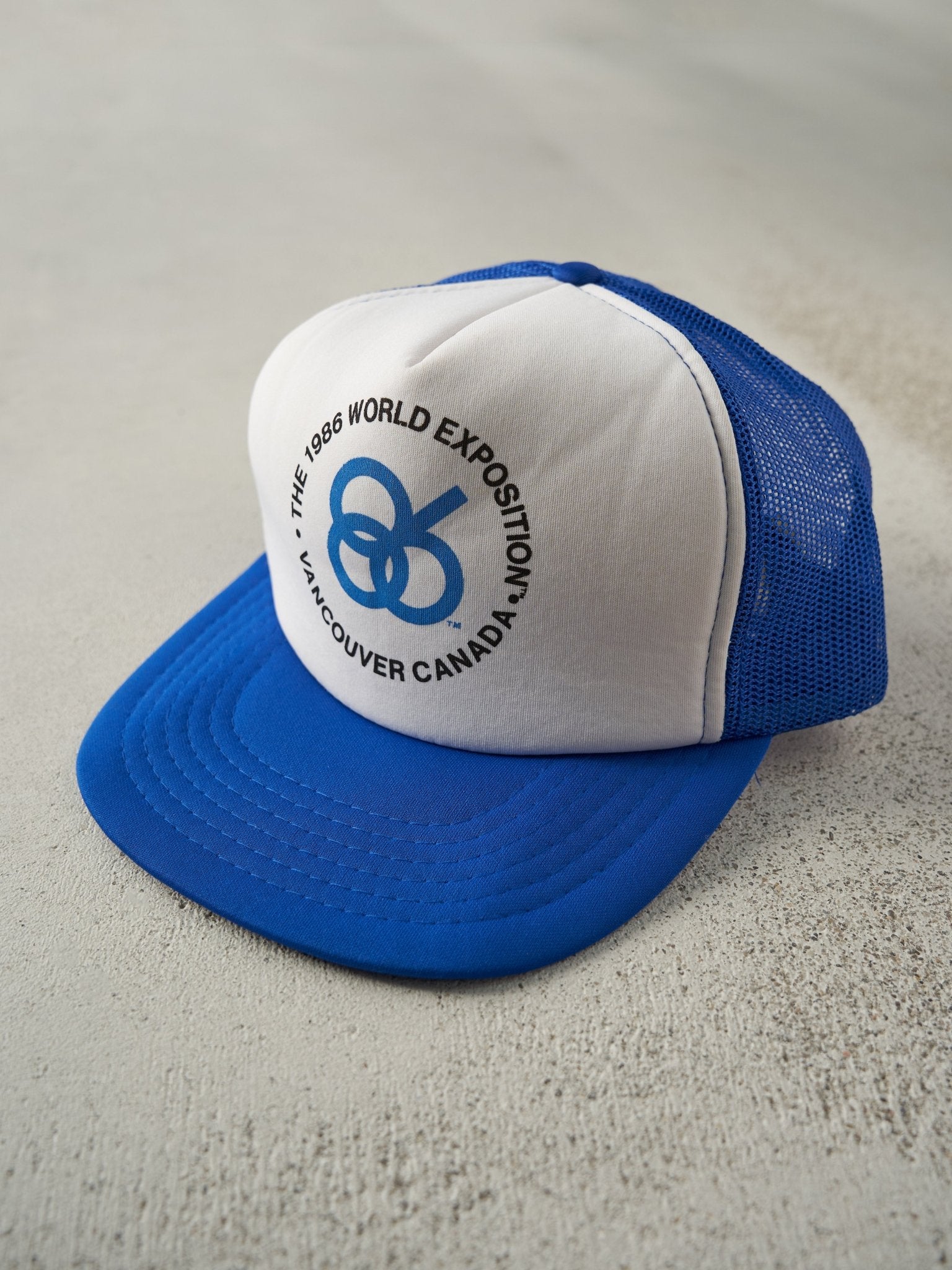 Vintage 90s Blue & White The 1986 World Exposition Vancouver Canada Foam Trucker Hat
