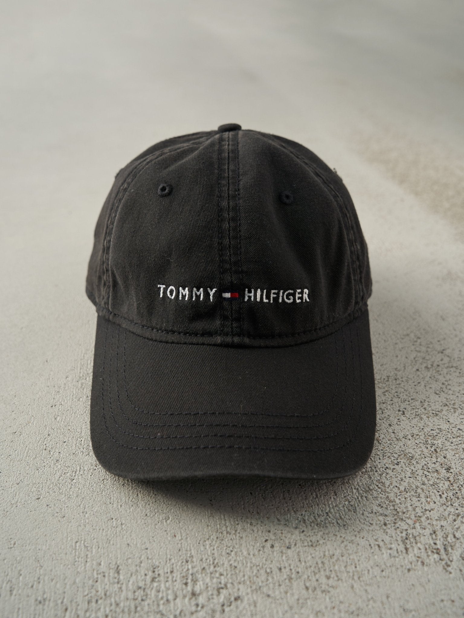 Vintage Y2K Black Embroidered Tommy Hilfiger Leather Strapback Hat