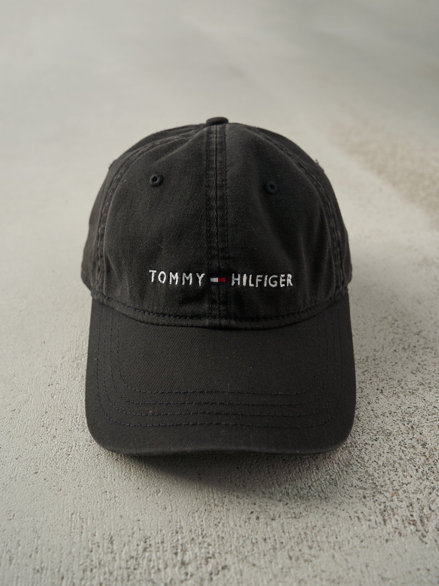 Vintage Y2K Black Embroidered Tommy Hilfiger Leather Strap Back Hat