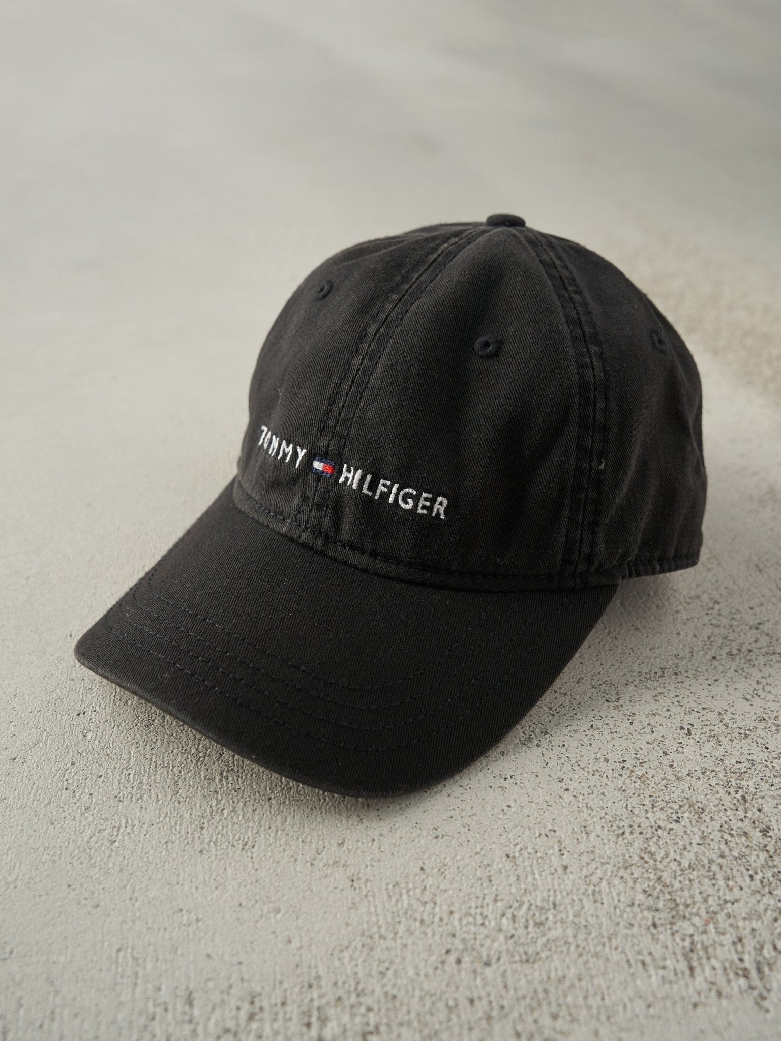 Vintage Y2K Black Embroidered Tommy Hilfiger Leather Strapback Hat