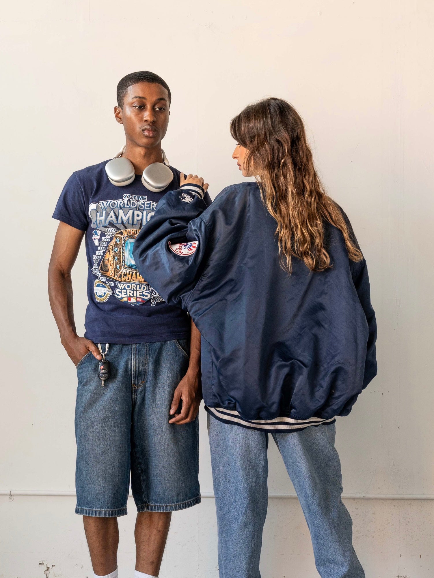 Vintage 80s Navy Blue New York Yankees Starter Satin Bomber Jacket (L)