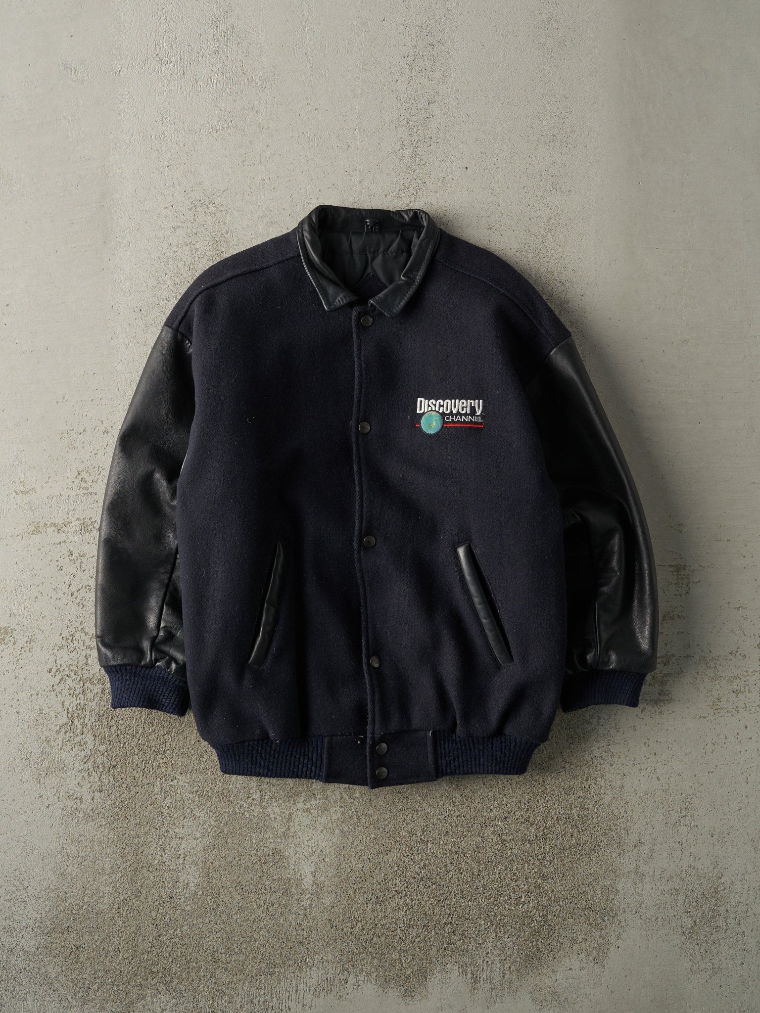 Vintage 90s Navy Blue & Black Discovery Channel Varsity Jacket (M)