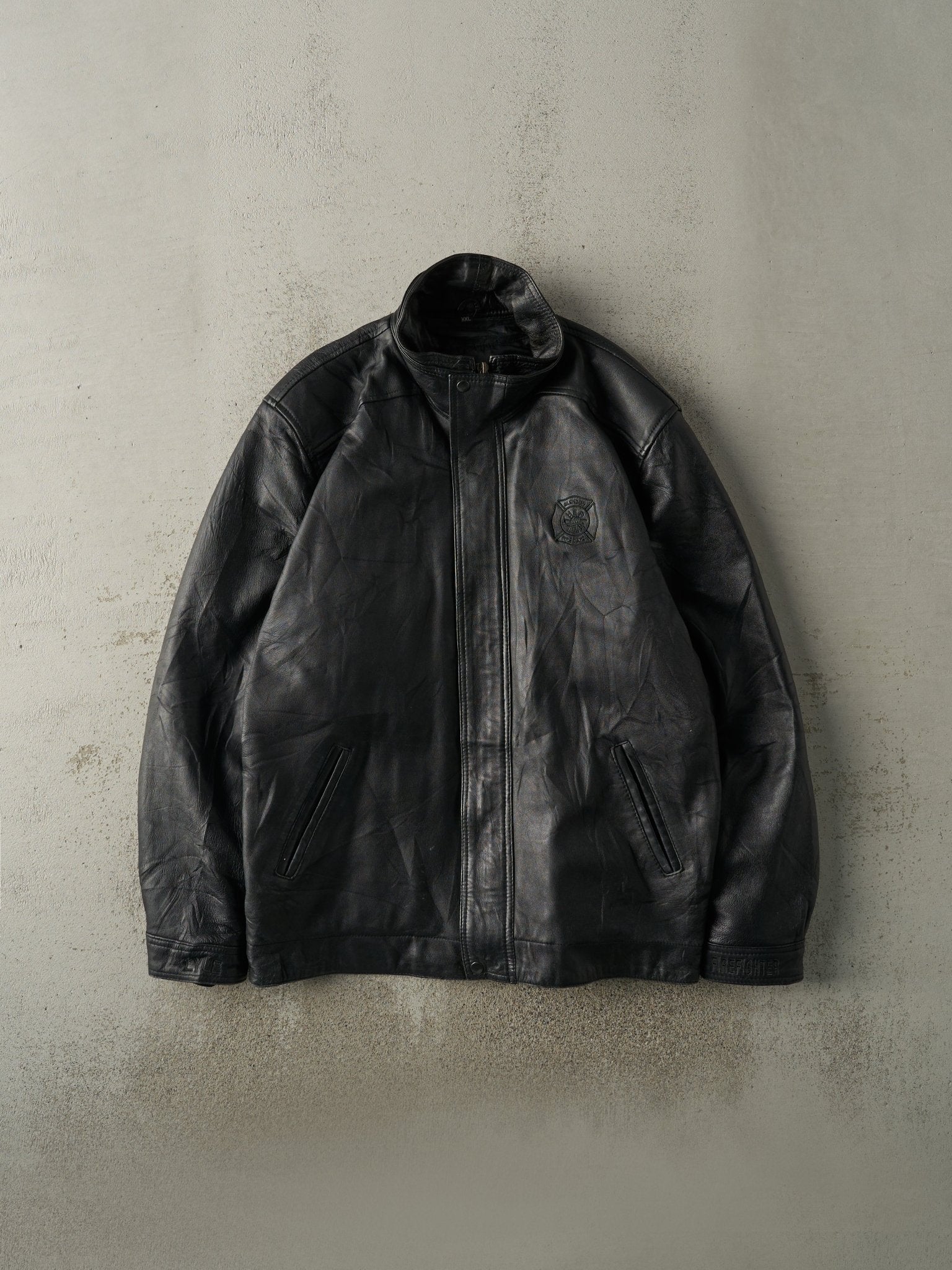 Vintage 90s Black Embroidered Fire Dept Leather Jacket (XL)