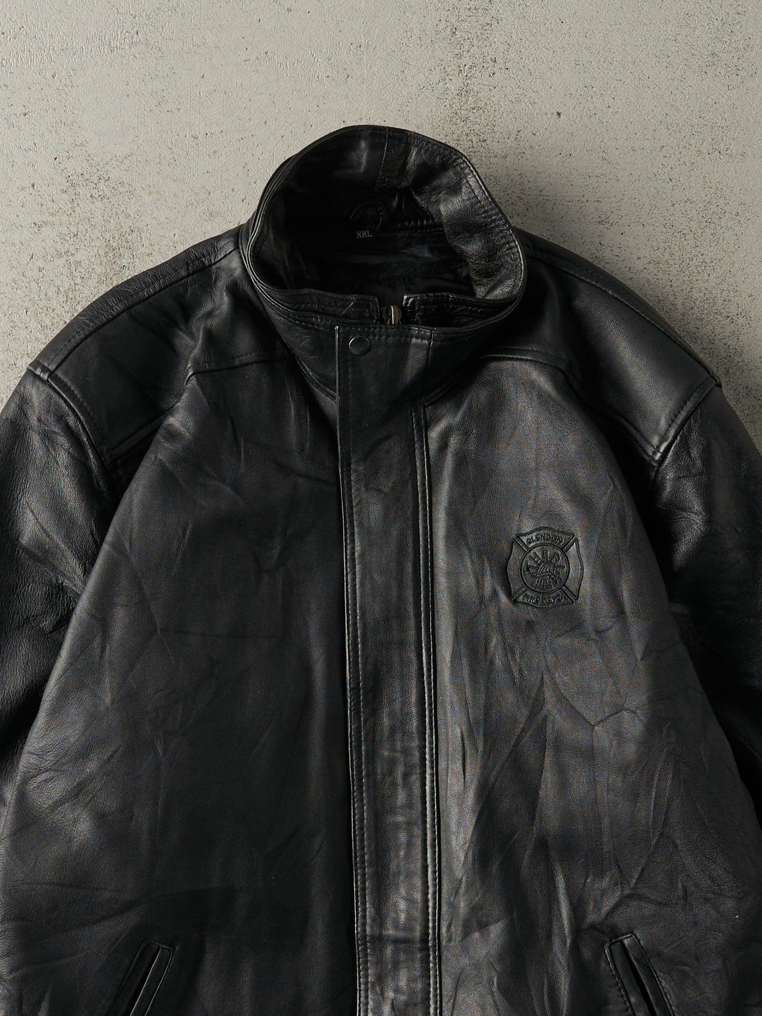 Vintage 90s Black Embroidered Fire Dept Leather Jacket (XL)