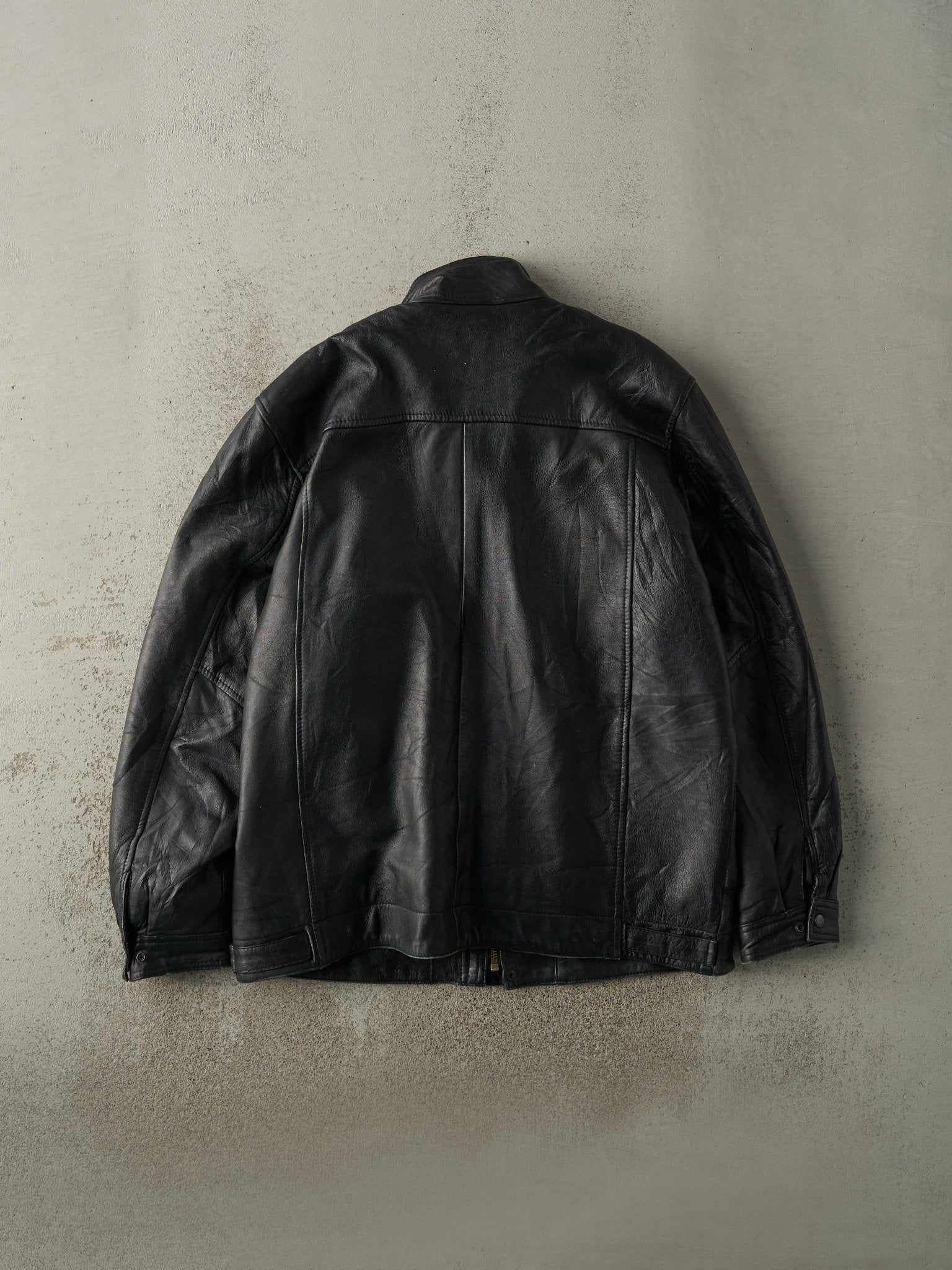 Vintage 90s Black Embroidered Fire Dept Leather Jacket (XL)