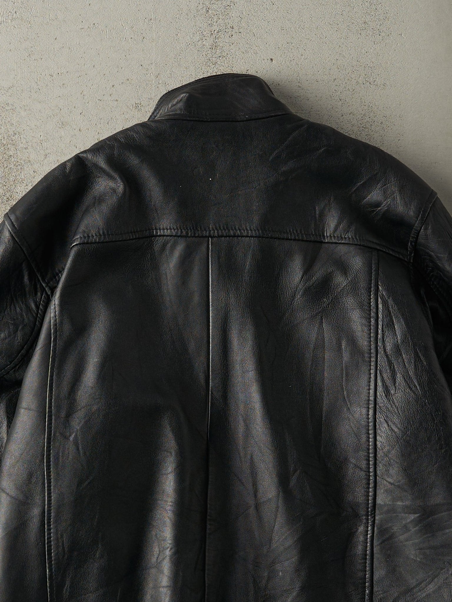 Vintage 90s Black Embroidered Fire Dept Leather Jacket (XL)