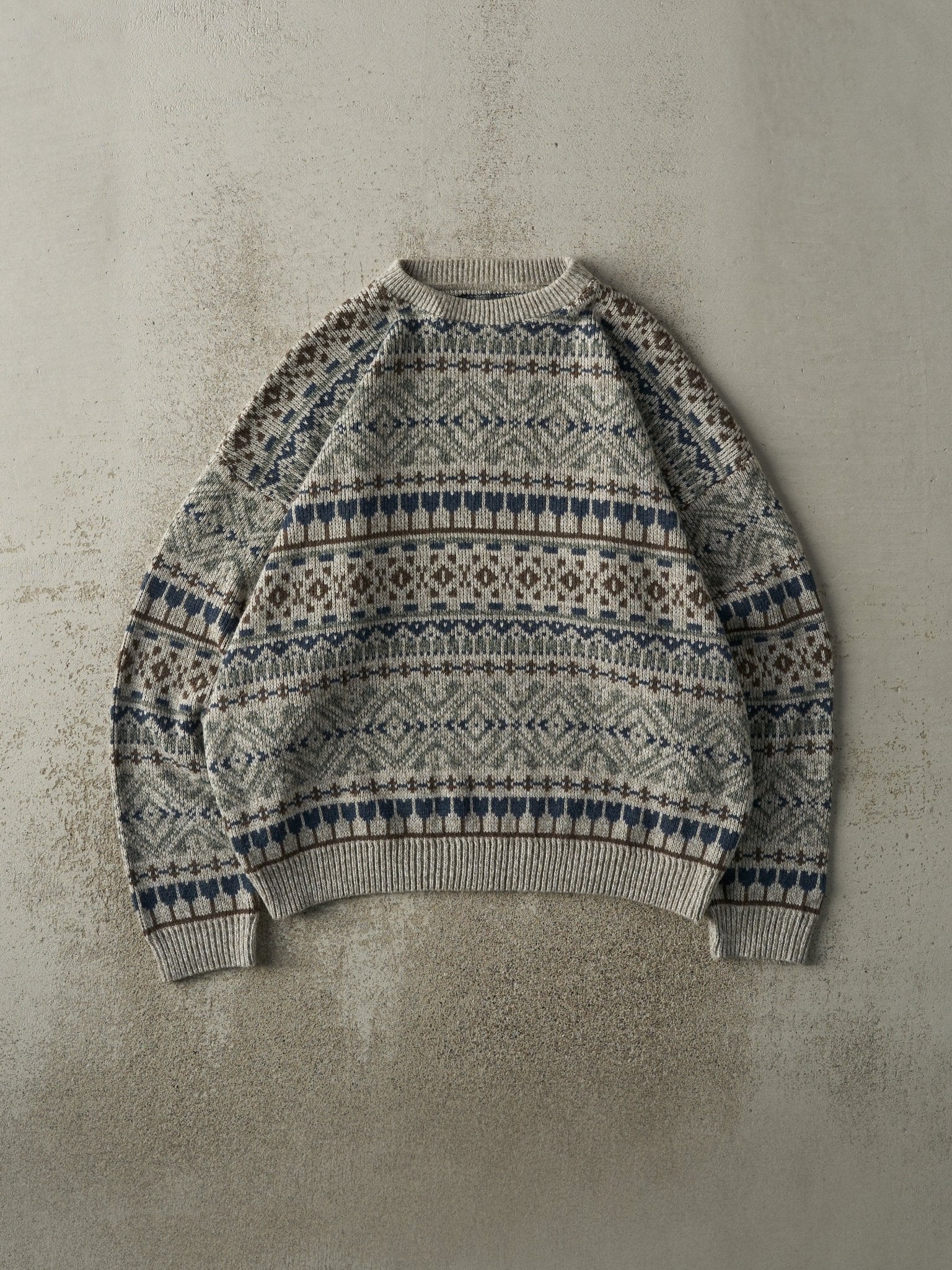 Vintage 80s Beige, Blue & Brown Grandpa Boxy Knit (L)