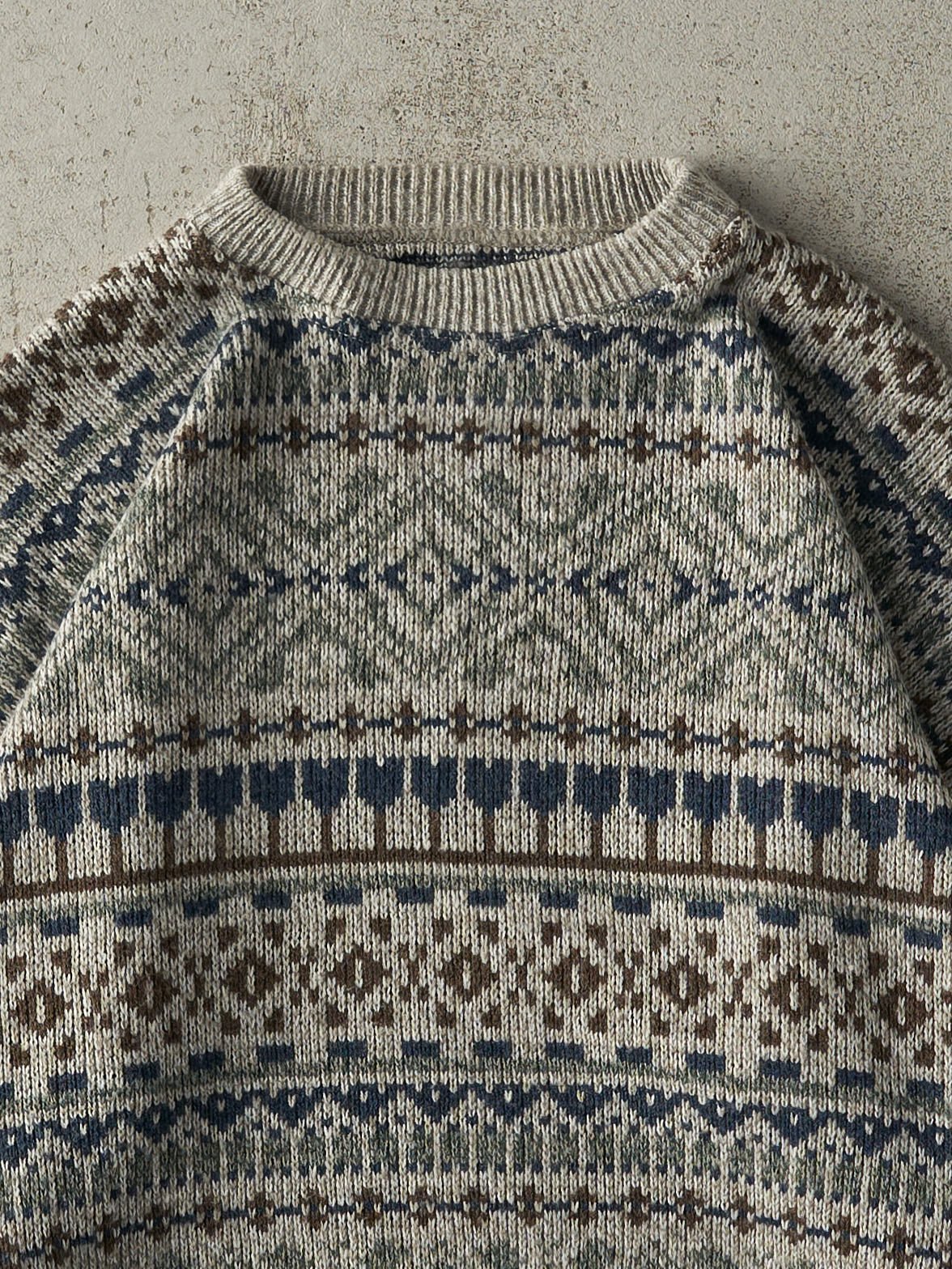 Vintage 80s Beige, Blue & Brown Grandpa Boxy Knit (L)