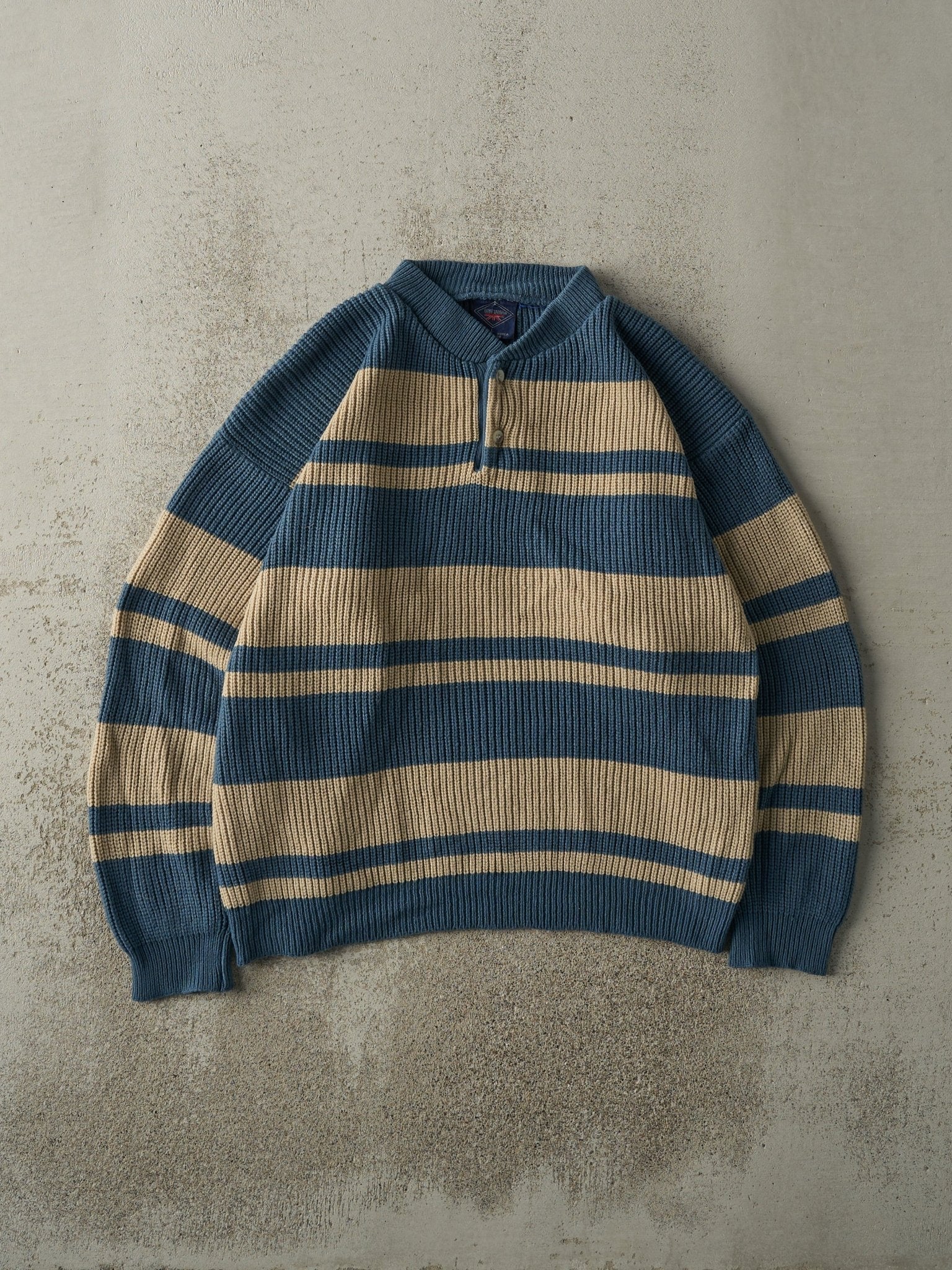 Vintage 90s Blue & Beige Striped Quarter Button Knit (M/L)