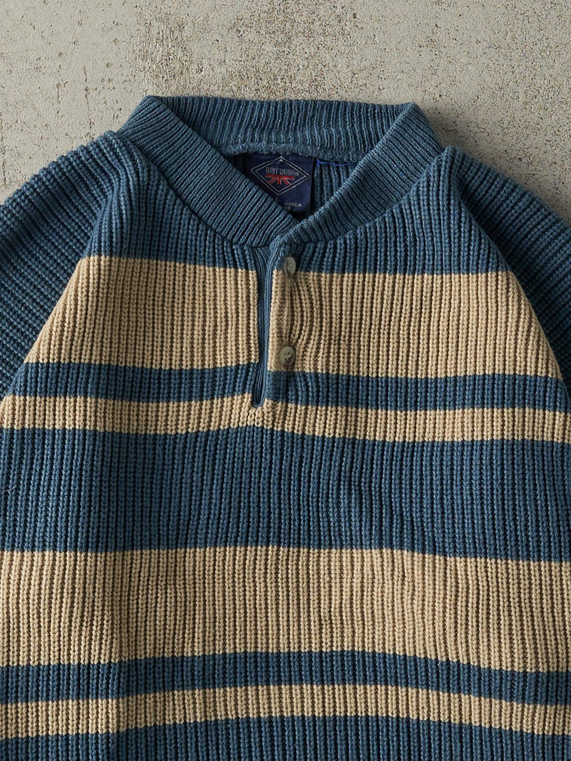 Vintage 90s Blue & Beige Striped Quarter Button Knit (M/L)