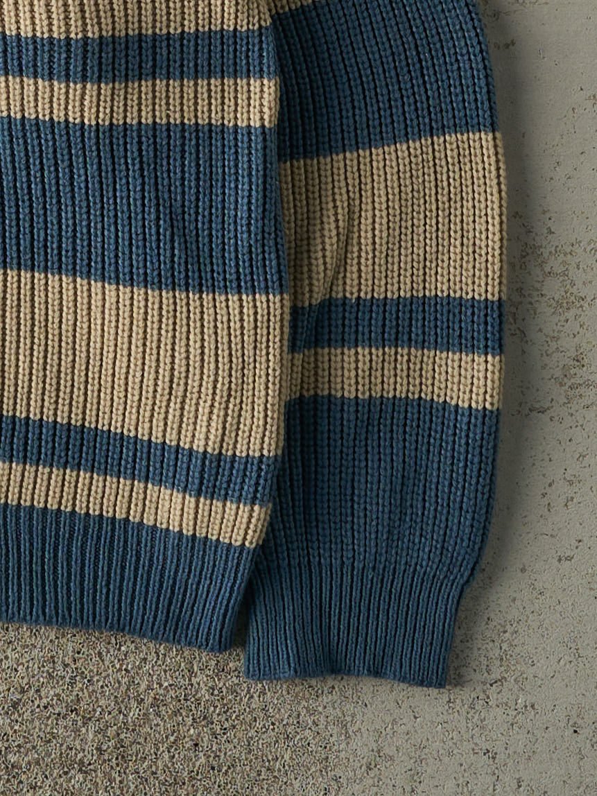 Vintage 90s Blue & Beige Striped Quarter Button Knit (M/L)