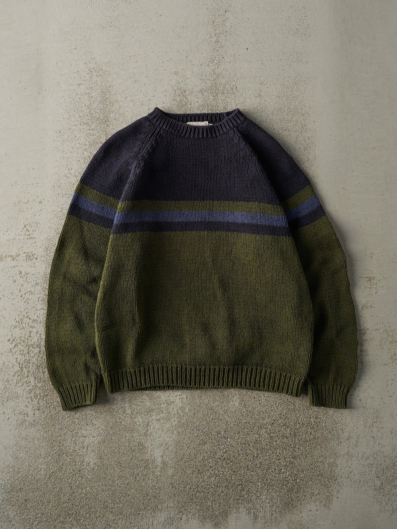Vintage 90s Green & Navy Striped Knit Pullover (M)