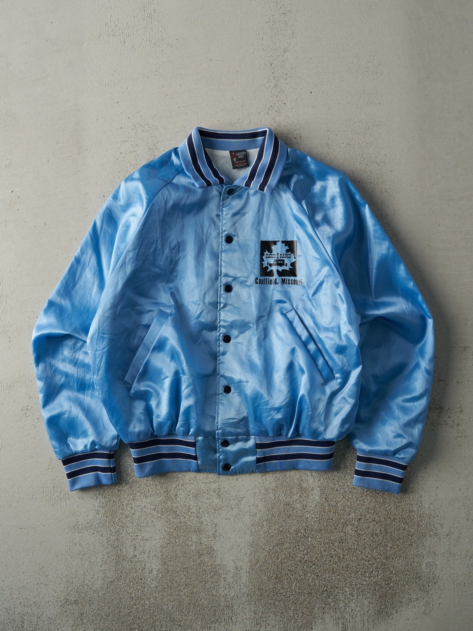 Vintage 90s Blue Cloud 9 Ranch Satin Bomber Jacket (M)