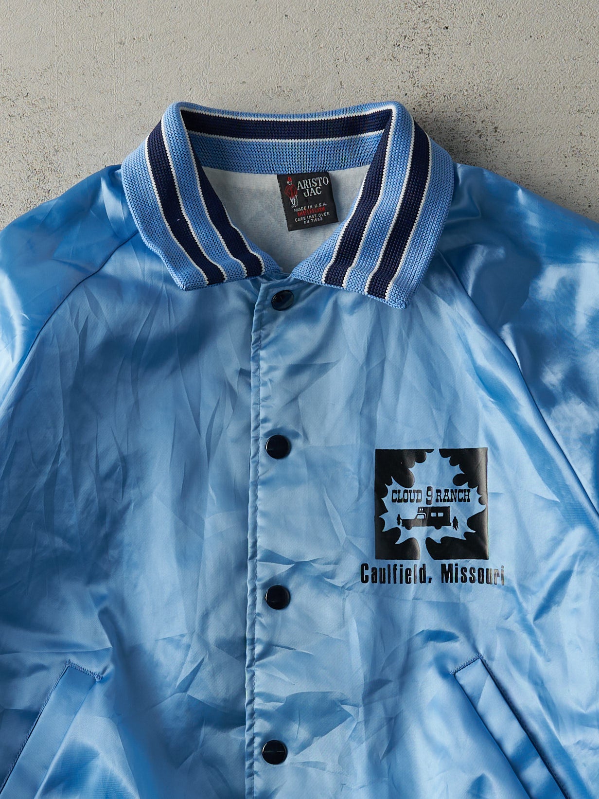 Vintage 90s Blue Cloud 9 Ranch Satin Bomber Jacket (M)