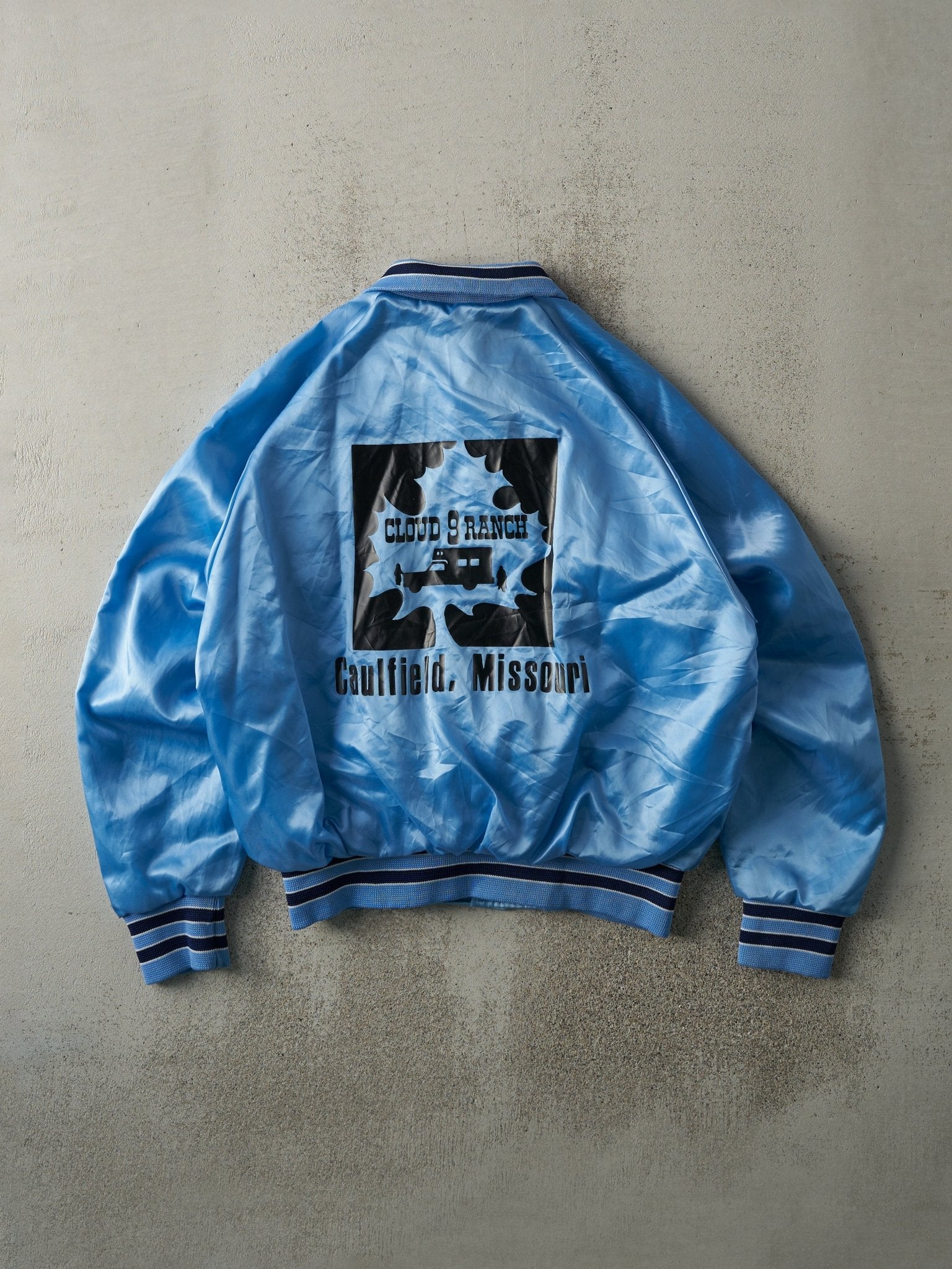 Vintage 90s Blue Cloud 9 Ranch Satin Bomber Jacket (M)