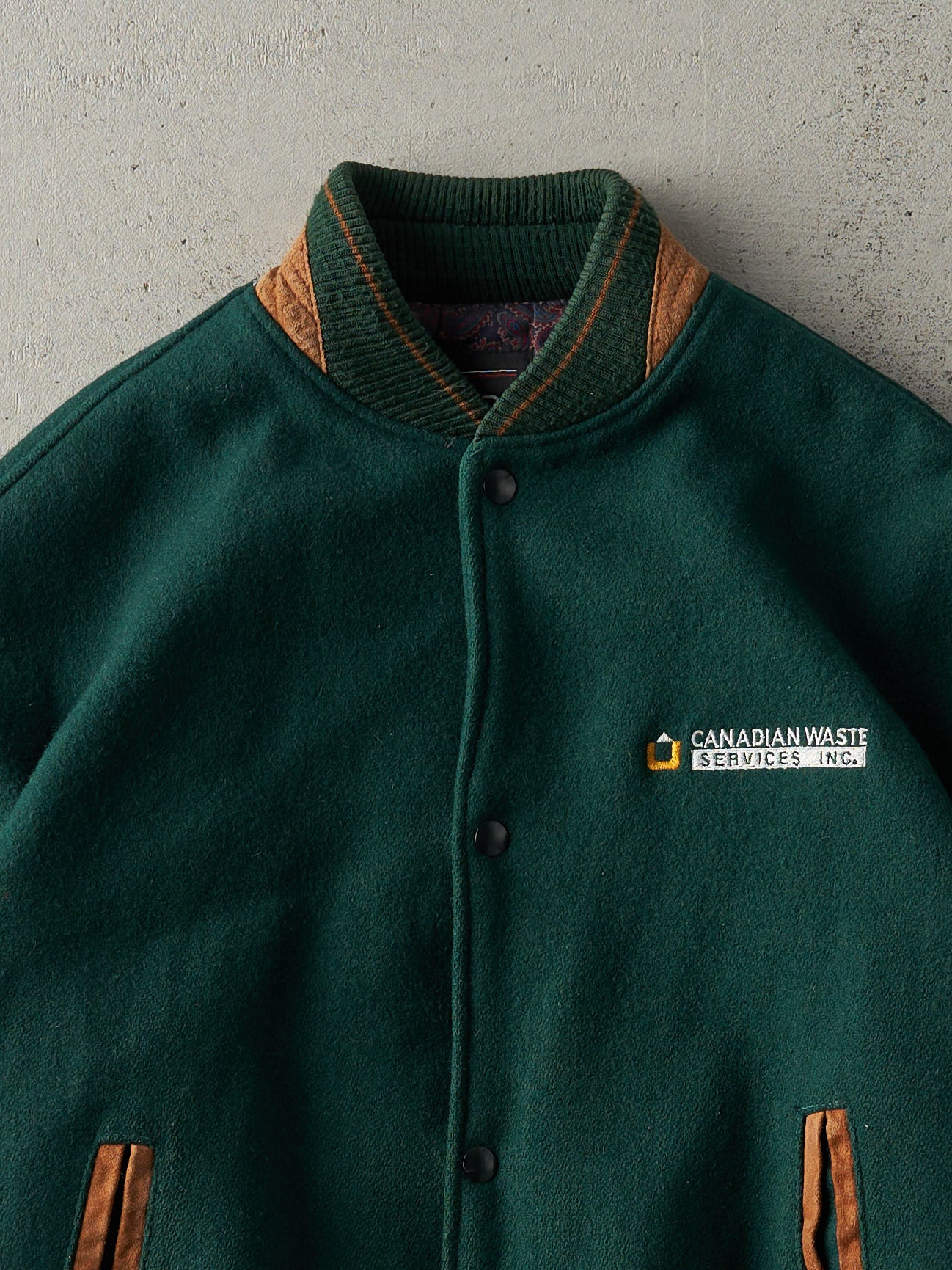 Vintage 90s Green & Brown Canadian Waste Services Wool Varsity Jacket (M)