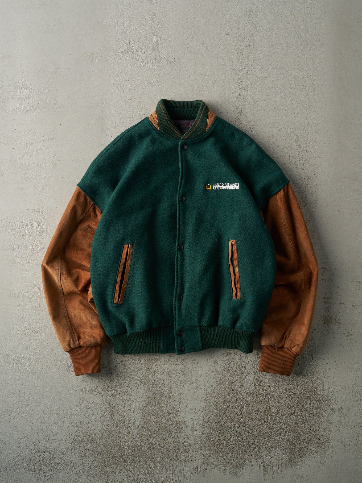 Vintage 90s Green & Brown Canadian Waste Services Wool Varsity Jacket (M)