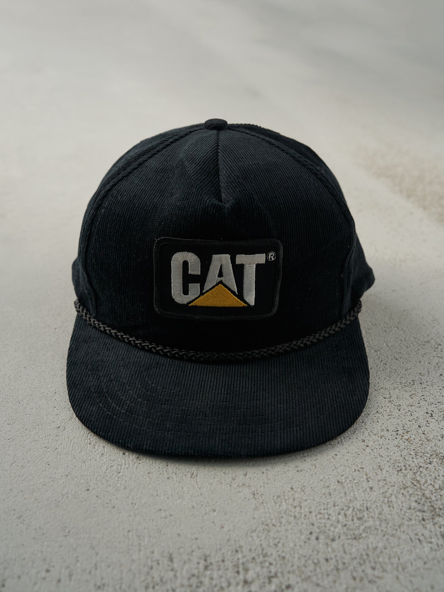 Vintage 90s Black CAT Corduroy Snapback Hat