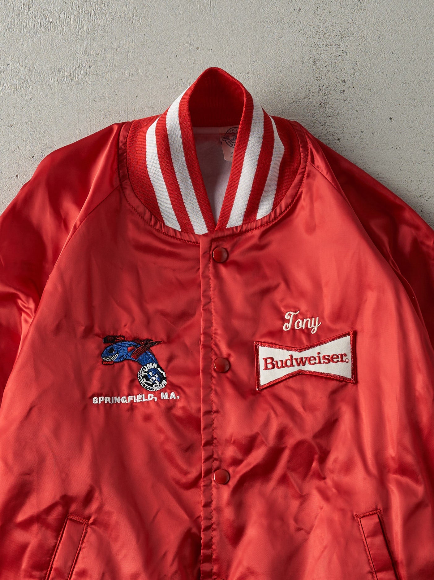 Vintage 80s Red Embroidered Budweiser Satin Bomber Jacket (M)