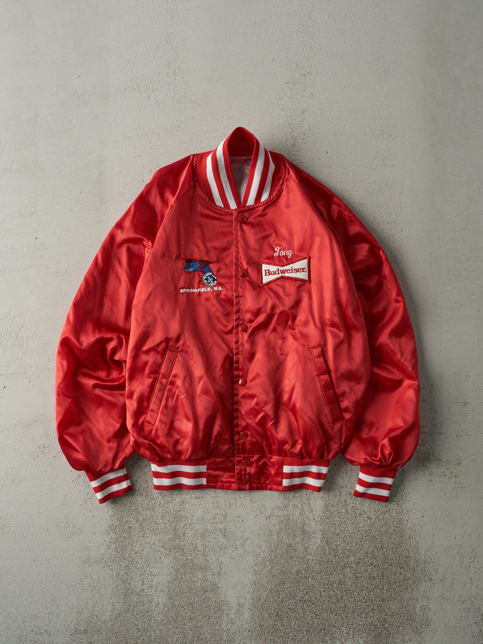 Vintage 80s Red Embroidered Budweiser Satin Bomber Jacket (M)