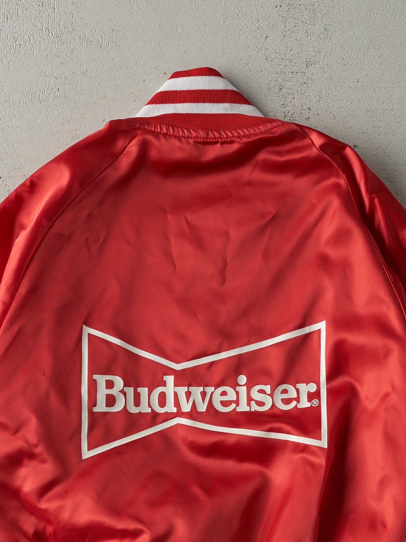 Vintage 80s Red Embroidered Budweiser Satin Bomber Jacket (M)