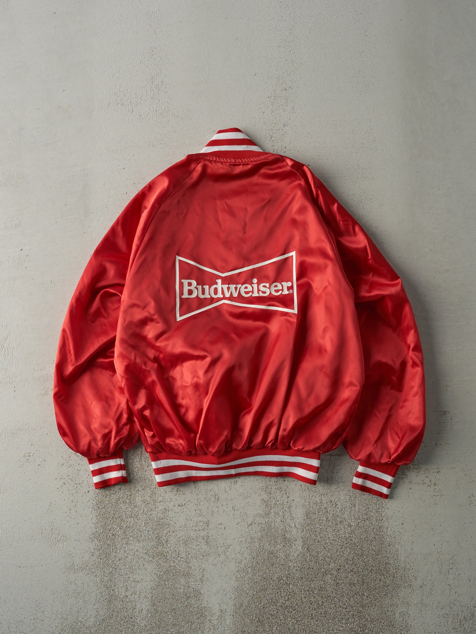 Vintage 80s Red Embroidered Budweiser Satin Bomber Jacket (M)